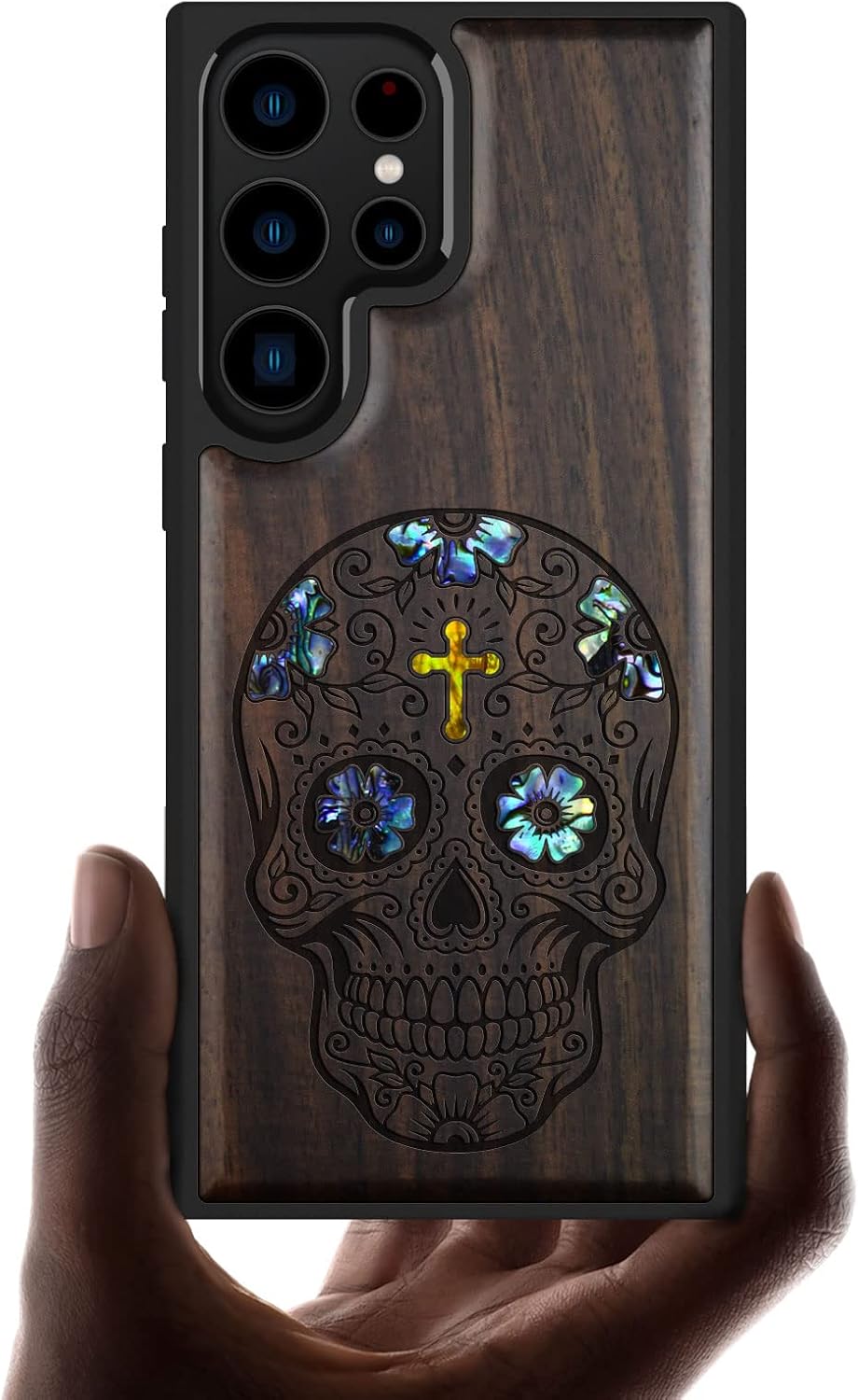 Carveit Designer Wooden Case for Samsung Galaxy S23 Ultra Cover [Wood Engraving & Shell Inlay] Wood Phone Case Compatible with Wireless Chargers Galaxy S23 Ultra Case (Sugar Skull-Blackwood)