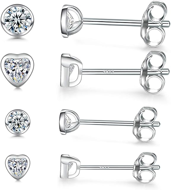 Tiny Sterling Silver Stud Earrings for Women- 4 Pairs Cubic Zirconia Heart and Circle Hypoallergenic Cartilage Stud Earrings Set Ear Piercing Jewellery for Women Girls Men Teen (2mm/2mm/3mm/3mm)