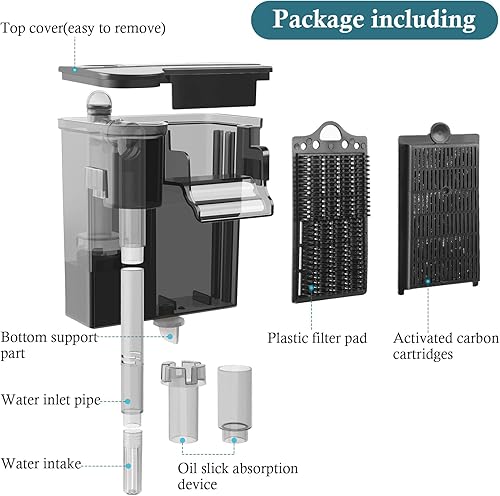 Miniatura 6 de Filtro de acuario ultra silencioso de 100 GPH Filtro ajustable de 3.2 W para tanque de peces de 2.5-15 galones, filtro de carbón activado con 2