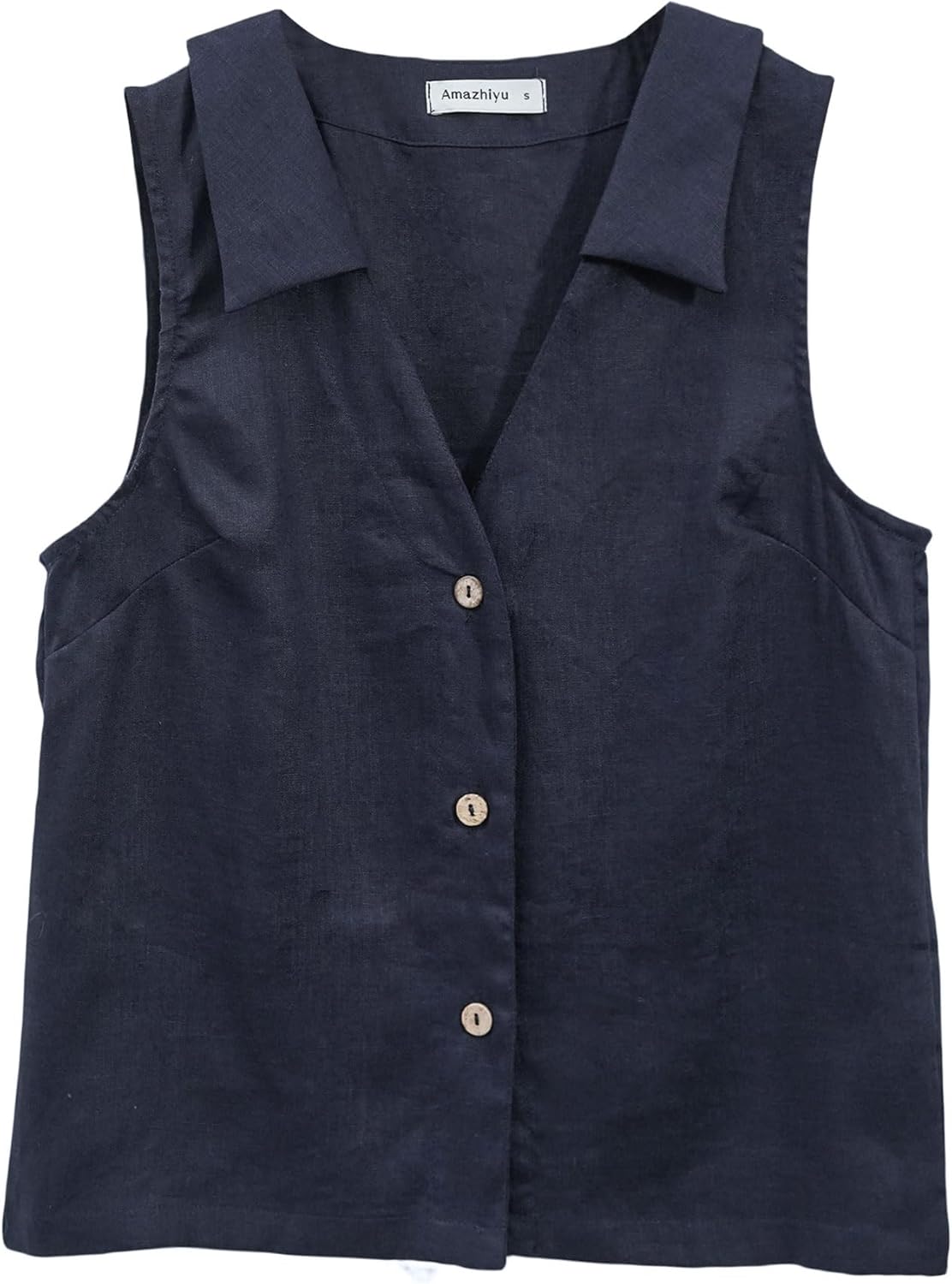 Amazhiyu Women's 100% Linen Summer Sleeveless Button-Down Tops Slight Crop Vest - Image 4