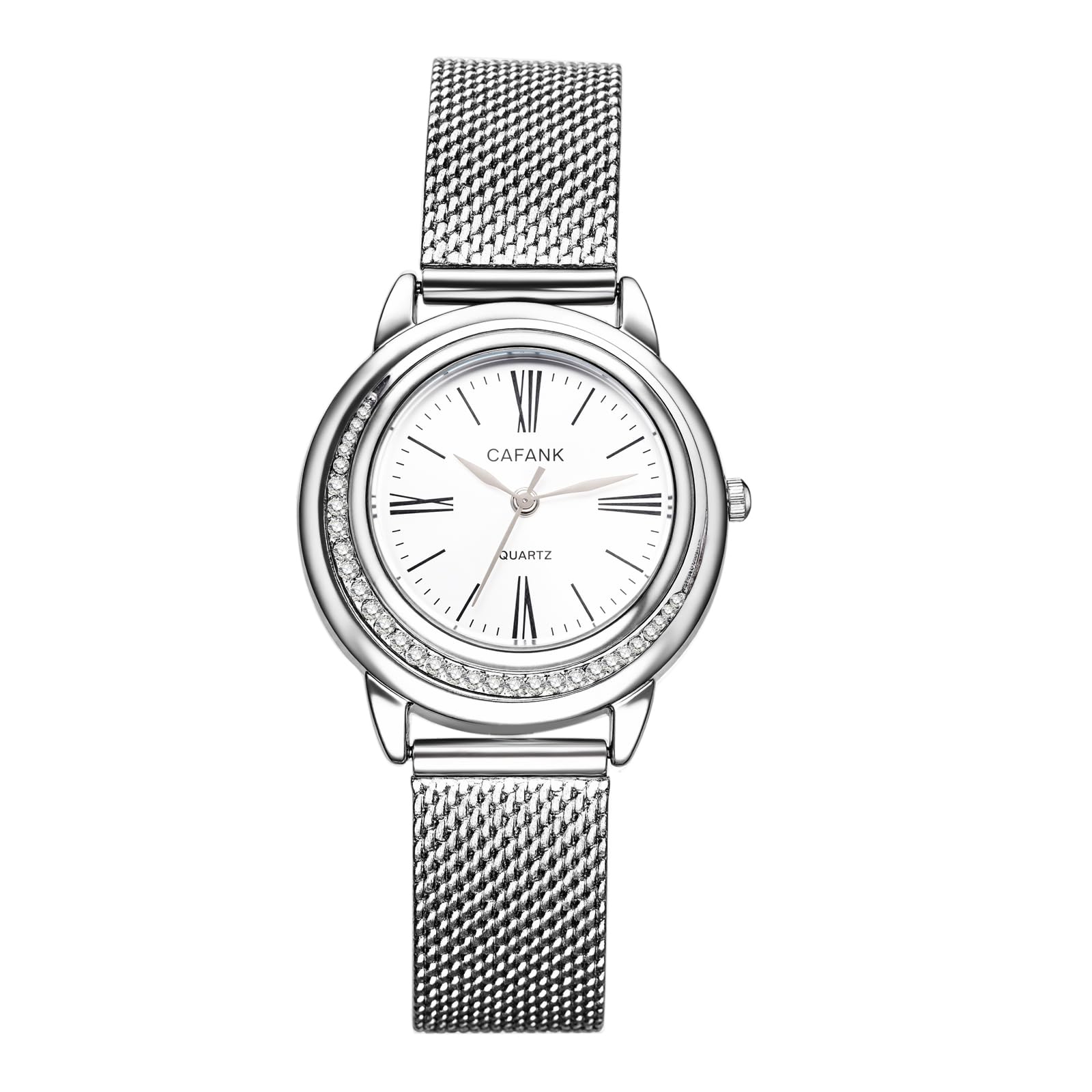 LancardoElegant Womens Quartz Watch: Bling Rhinestone-Decorated Case Roman Numeral Dial Stainless Steel Band Perfect for Any Occasion