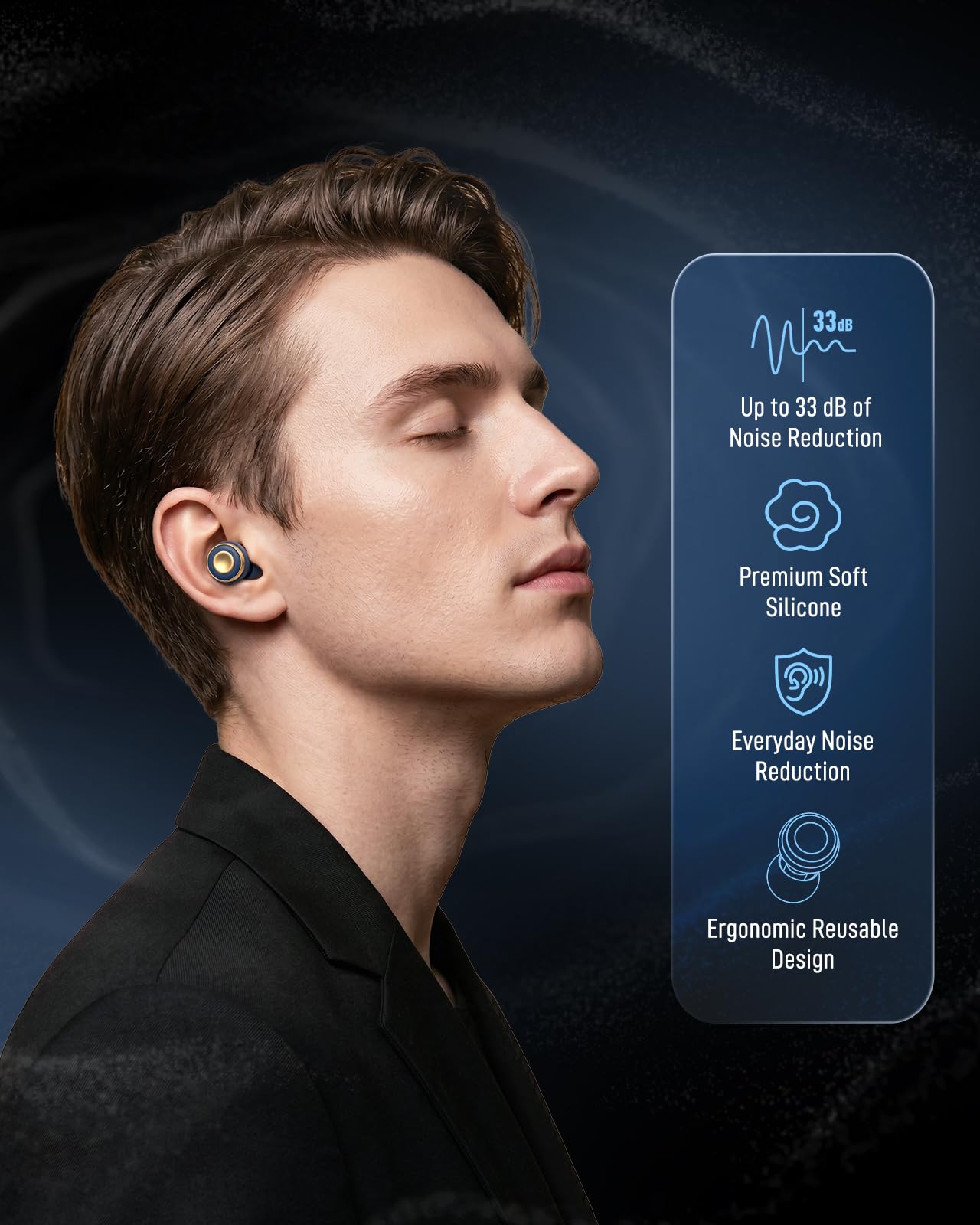 Bouchons d'oreilles réutilisables pour la concentration, les voyages et le travail, jusqu'à 33 dB réduction du bruit, bouchons d'oreilles en silicone avec 4 tailles, ajustement sûr, étui