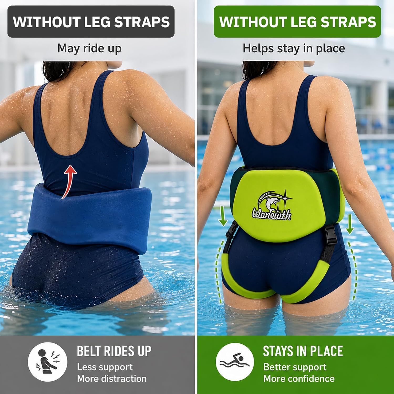Swim Belt with Removable Leg Straps | Adjustable Flotation Belt with Zippered Pocket, 3-Section EPE Water Aerobics Belt for Swimming Training Pool Water Exercise