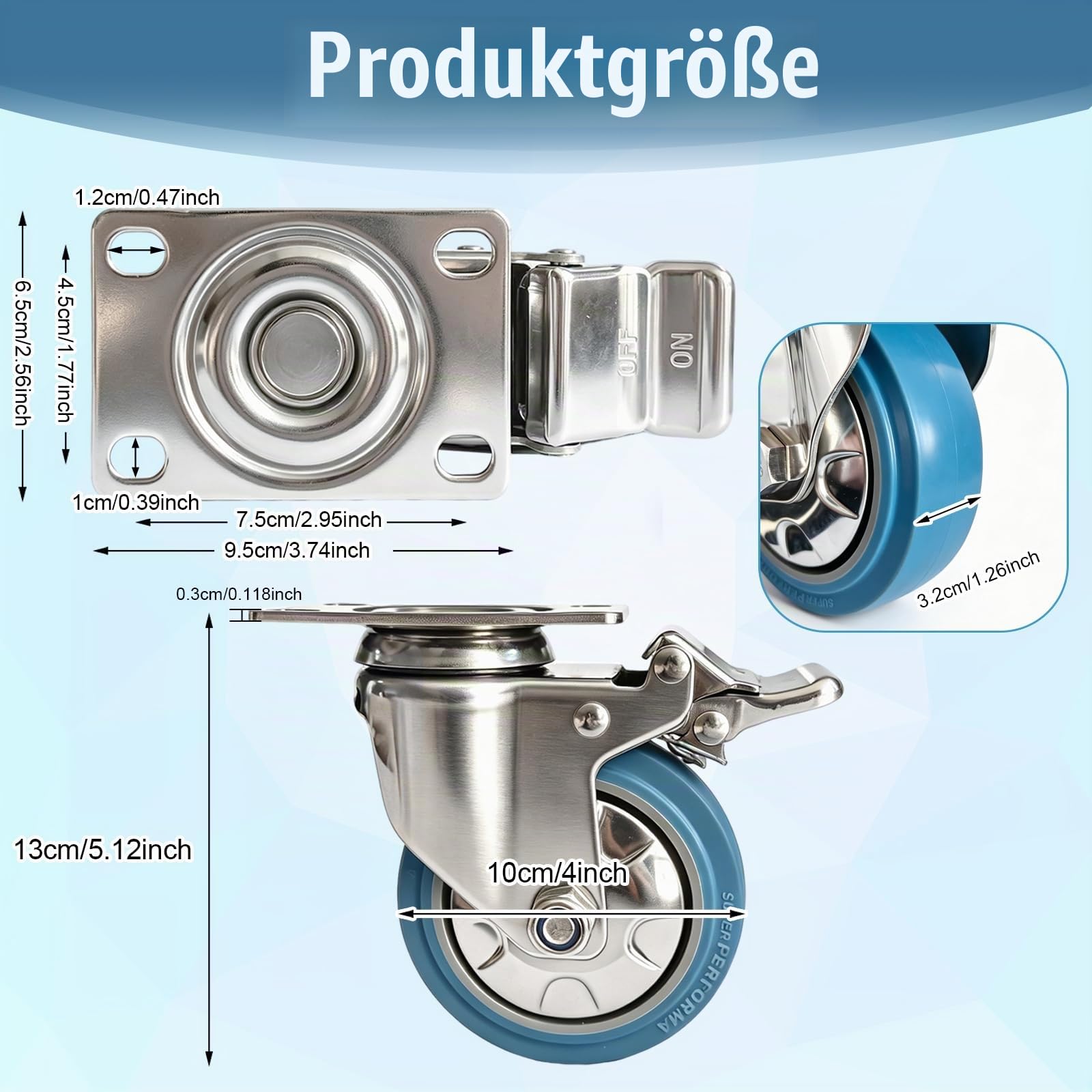 4 Stück Edelstahl 304 Schwerlastrollen Mit Bremse 100mm 4 Zoll Bis 800 kg Korrosionsbeständige Industrierollen Blau Lenkrollen Transportrollen Möbelrollen Leise Rollen Mit 2 Schraubenarten