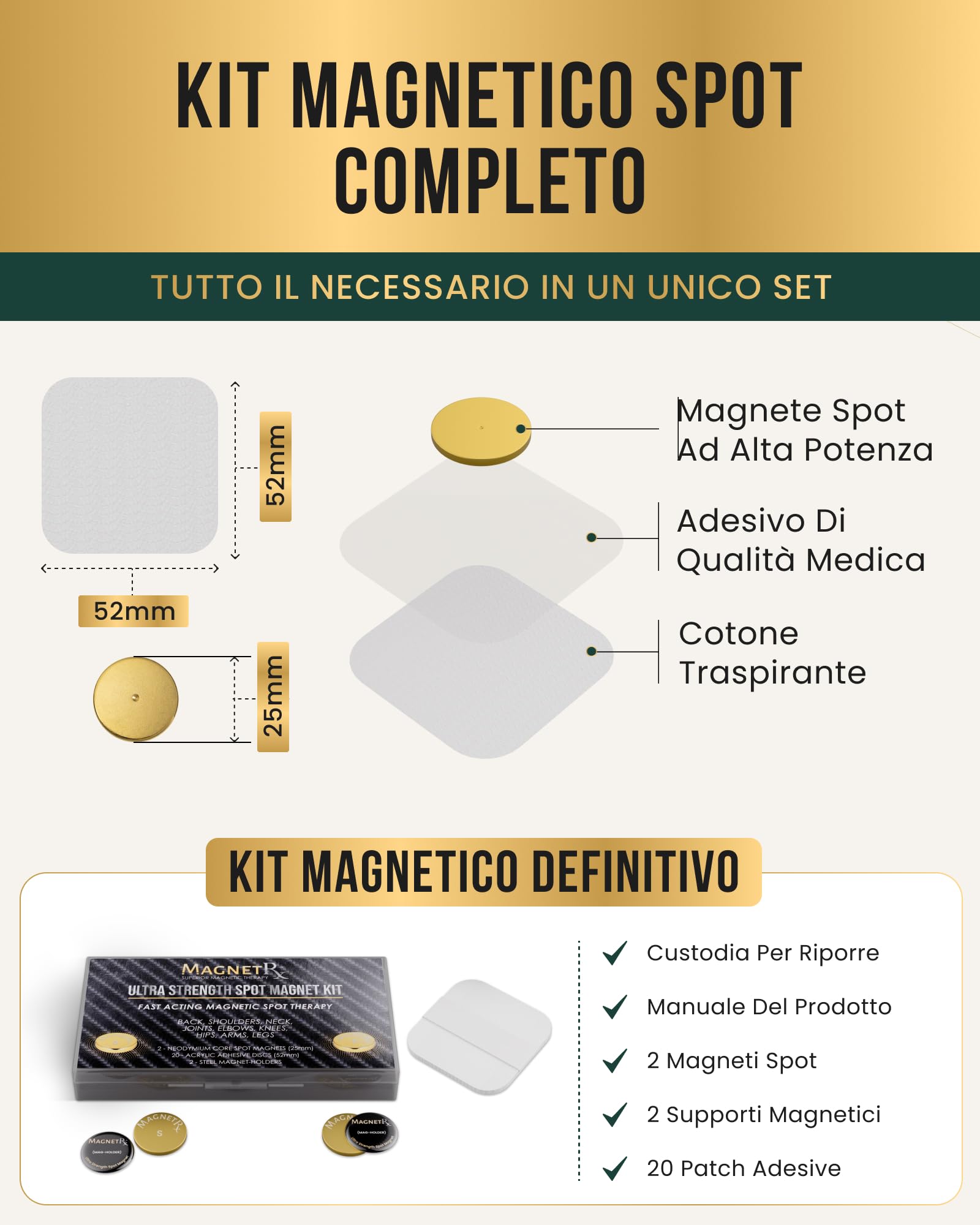 MagnetRX® Set di Magneti per Terapia ad Alta Potenza – Cerotti Magnetici per Dolori di Schiena, Spalle, Ginocchia, Fianchi, Collo e Corpo – Con 2 Magneti Riutilizzabili e 20 Cerotti Adesivi