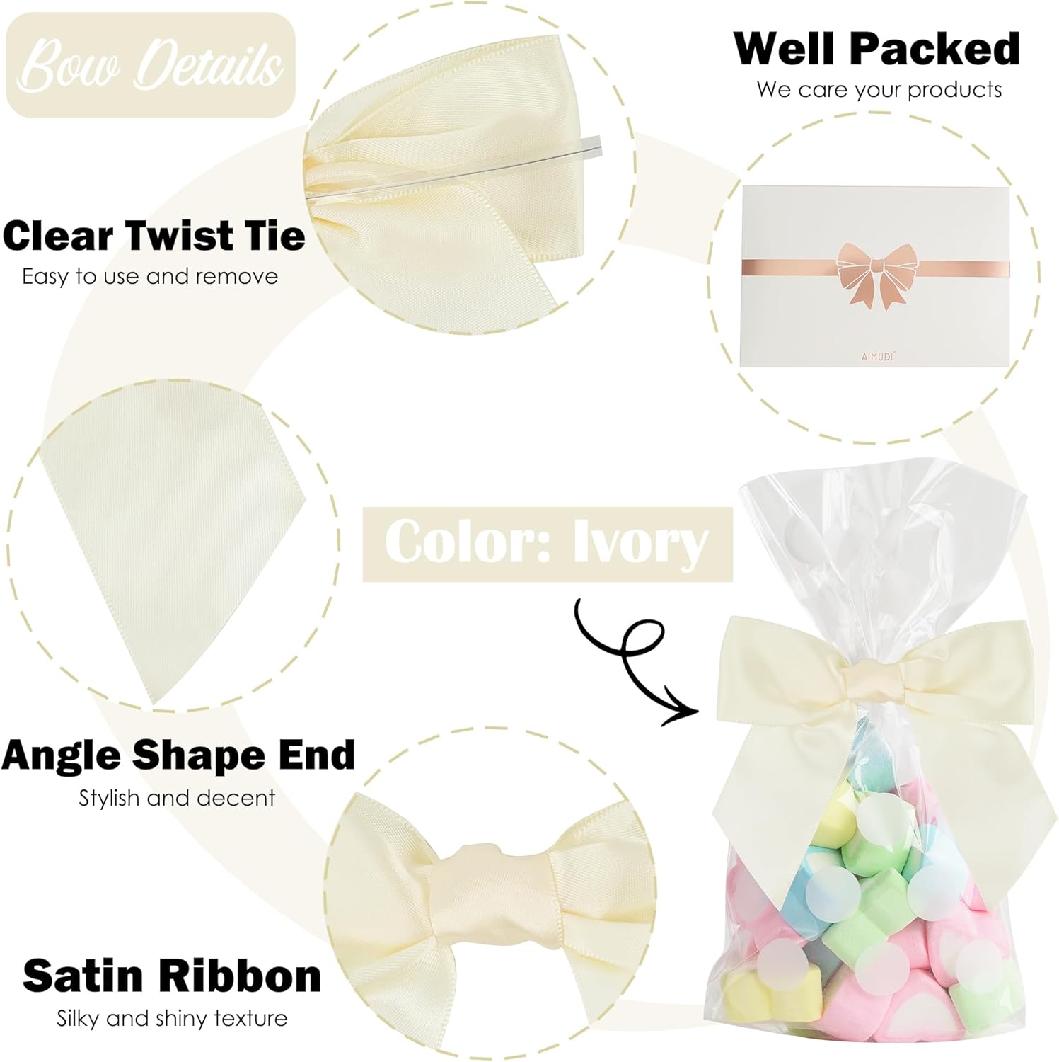 AIMUDI Ivory Bows for Wedding Decor 4.5" Pre-Tied Cream Satin Ribbon Twist Tie Bows for Treat Bags Ivory Ribbon Bows for Crafts Premade Bows for Gift Wrapping Baby Shower Party Favors - 36 PCs - Image 3