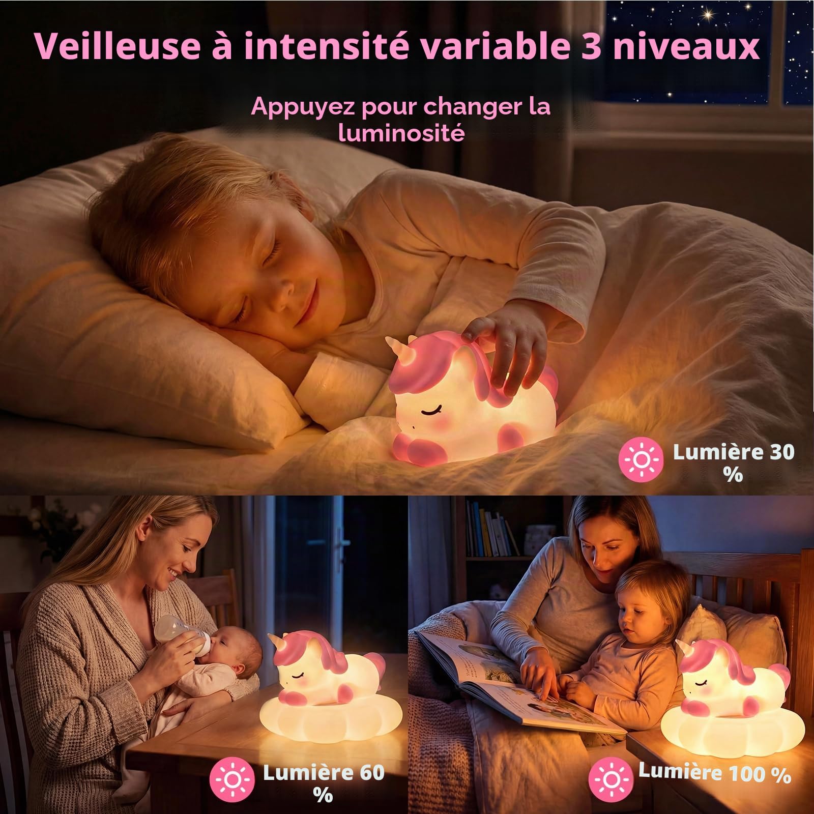 Mewaii Licorne Veilleuse Bébé Lampe Enfant Silicone 3 Niveaux Luminosité 7 Modes Couleur Rechargeable Cadeaux Filles Garçons