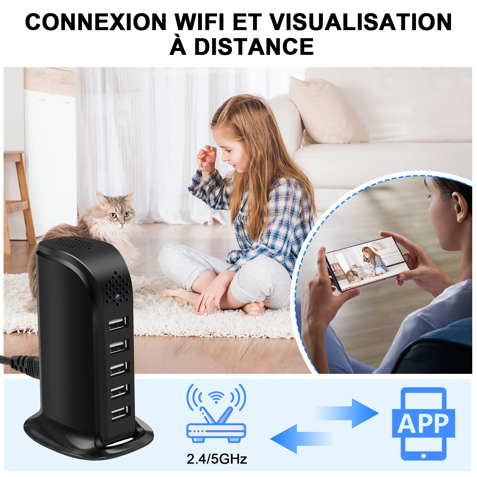 Caméra Cachée Wi-FI 5G, Chargeur USB à 5 Ports avec Caméra Cachée, Mini-caméra Espion Wi-FI HD 1080P, MiniCaméra Cachée WiFi USB avec Détection de Mouvement et Enregistrement en Boucle