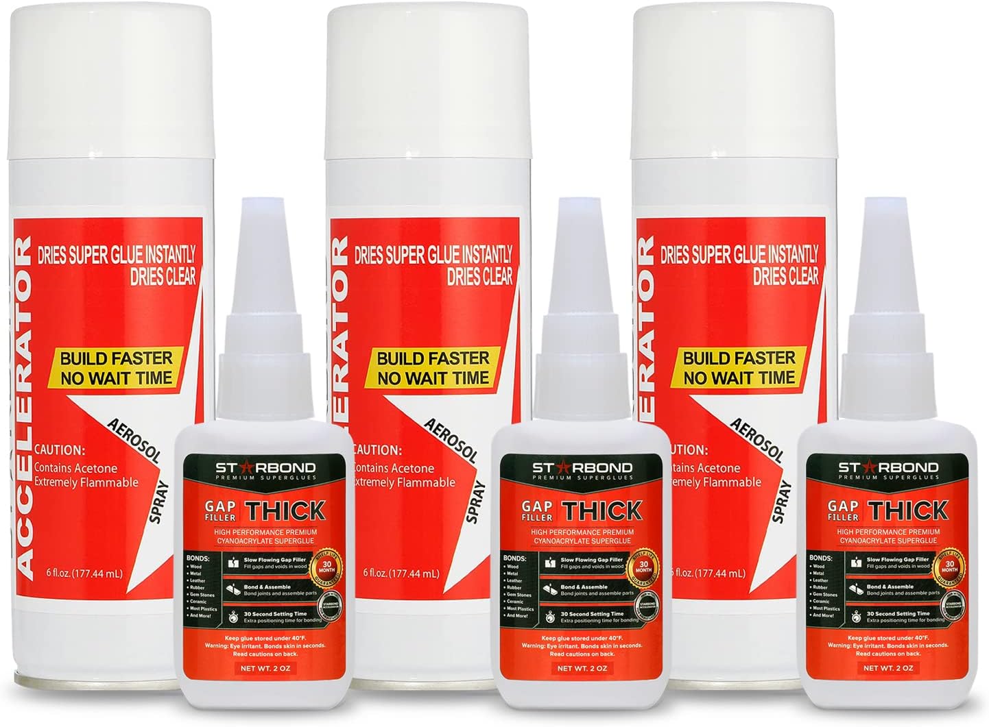 Thick CA Glue (3X 2 oz) with Accelerator (3X 6 oz) - Super Craft Glue for Wood, Plastic, Metal, Leather, Ceramic - Cyanoacrylate Glue for Woodworking, Woodturning, Guitar, Hobby