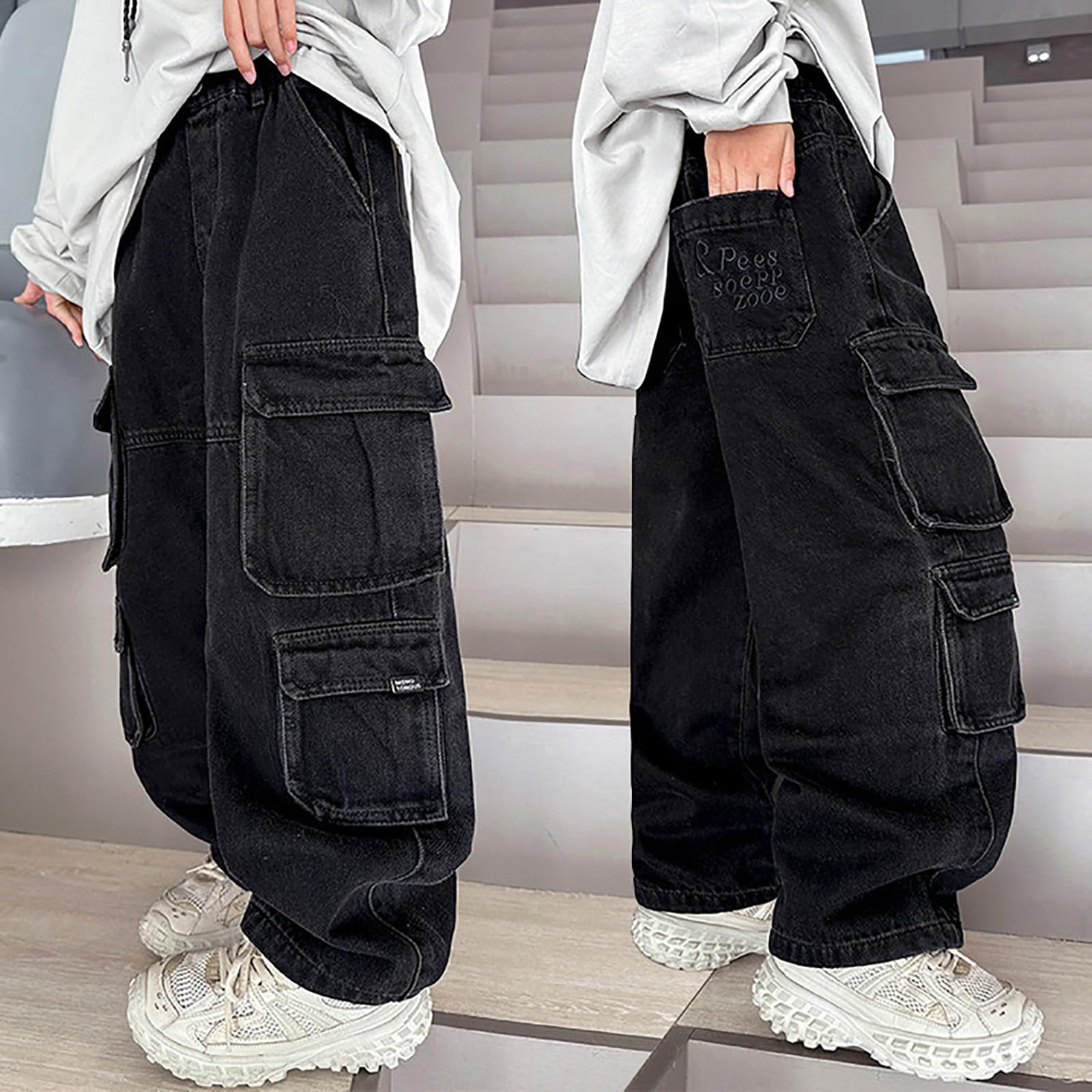 Pantalones Cargo Vaqueros Pierna Ancha para Niños Denim Lavado Desgastado con Bolsillos Grandes Pantalones Holgados Resistentes para Viajes Excursiones Familiares Multifuncional Tallas Completas