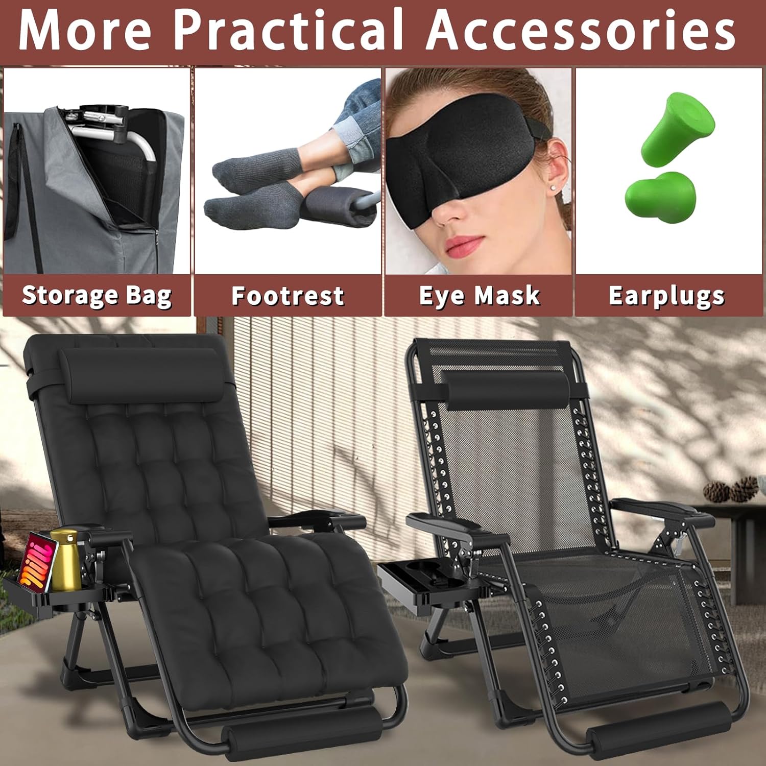 Oversized Zero Gravity Chair with Cushion XXL, 33In Padded Lounge Chair, Recliner Camping Chair W/Full-Alu Alloy Lock, Cushion, Storage Bag, Footrest, Cup Holder, Folding Chair Support 500lbs, Black