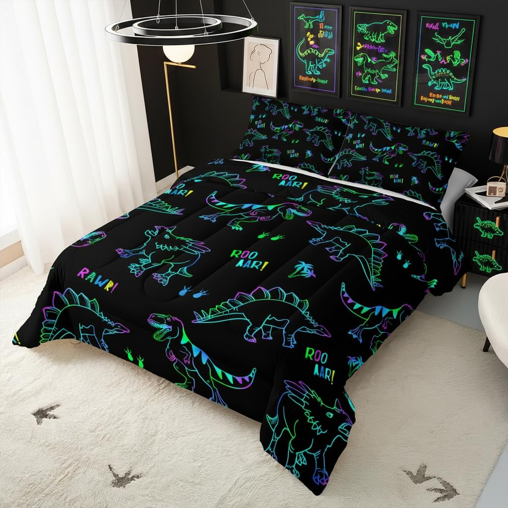 QOOMO Jurassic Dinosaur Kids Bedding Set, Black, Queen Size