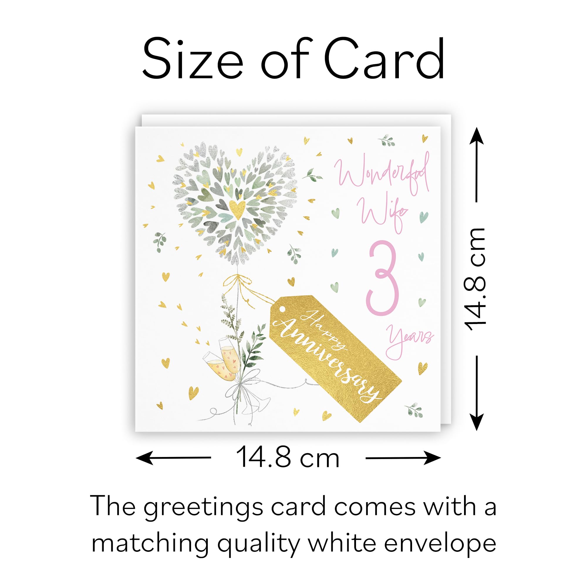 Hunts England, Wife 3rd Anniversary Card, 3 Years Wife, Contemporary Hearts, Gold Foil - Image 4