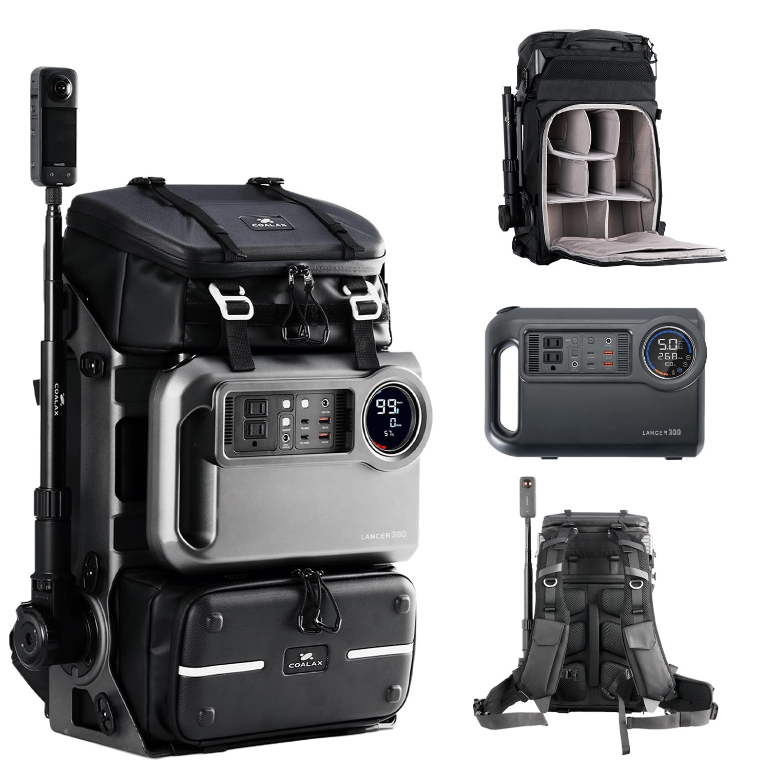 COALAX Lancer300 Pro Camera Backpack with 300W Power Station, Modular Creator Backpack with Magic Arm for Hands-Free POV Filming, Exoskeleton Camera