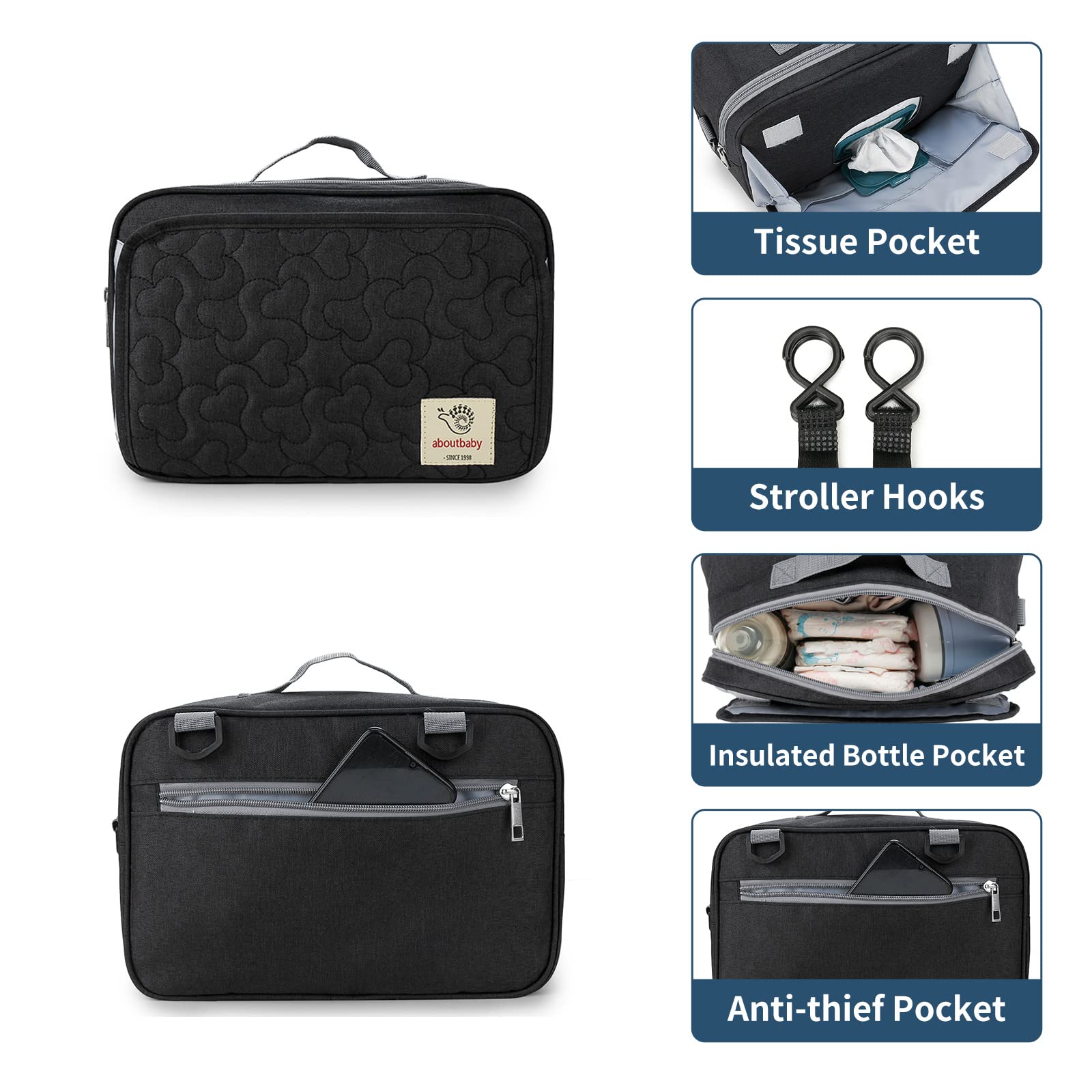 TRENDPLAY Kleine Wickeltasche, Mini-Kinderwagen-Organizer, Caddy mit Reinigungstaschen, Caddy Parent Console mit Kinderwagengurten, passend für alle Kinderwagen, schwarz