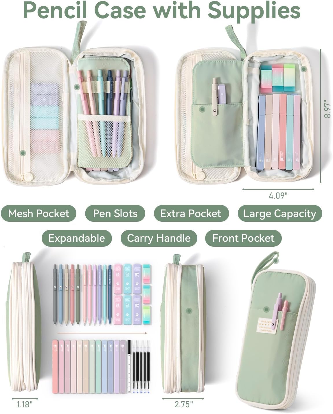 Four Candies 39 PCS Aesthetic School Supplies with Cute Pen Case, 12 Pastel Highlighters, 5 Black Ink Gel Pens, 6 Mechanical Pencils Set for Students Stationary College Essentials (Green)
