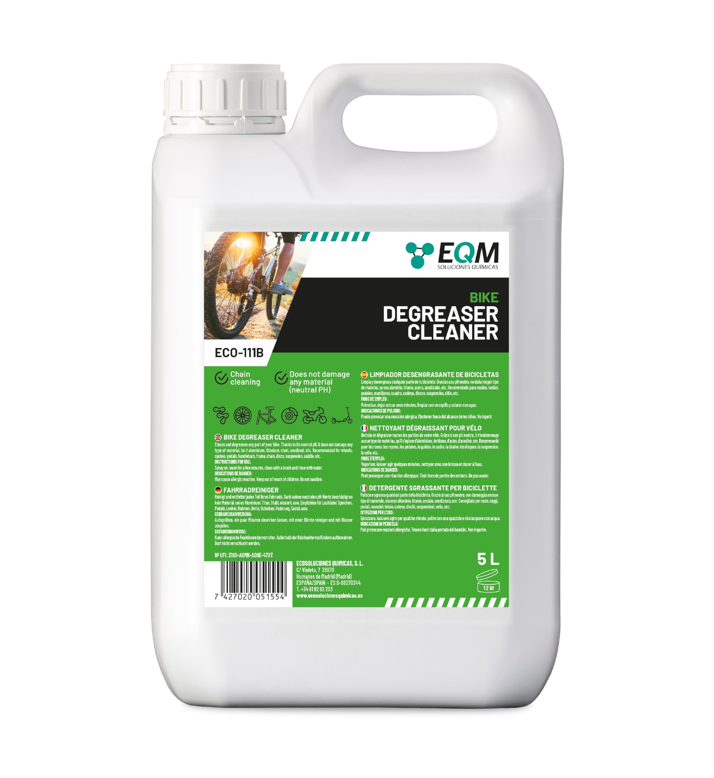 EQM - ECO-111B - Dégraissant pour Vélo - 5L - pH Neutre, Protège Toutes les Pièces - Dégraissant pour Chaînes