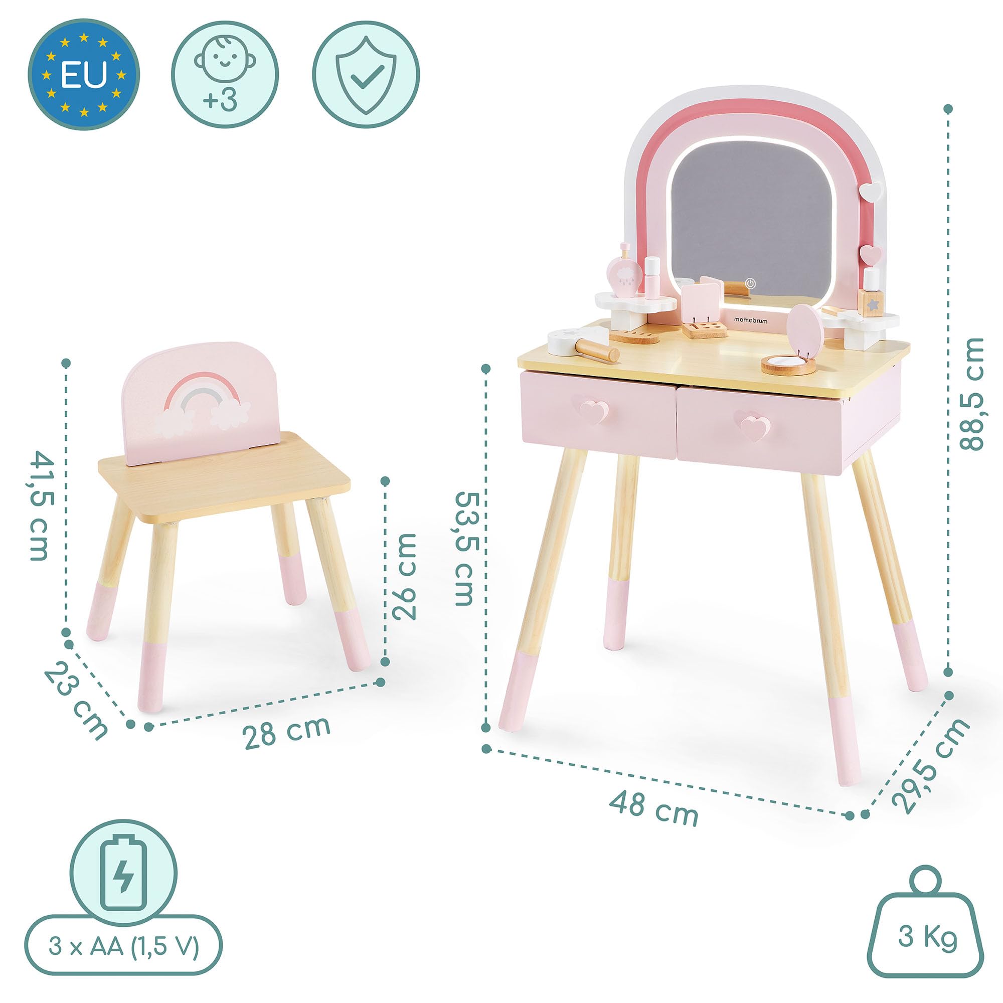 mamabrum Toeletta In Legno Per Bambini Con Specchio LED, Luce Regolabile, Sgabello E Accessori – Arredo Educativo E Creativo Ideale Per La Cameretta E Il Gioco Di Ruolo