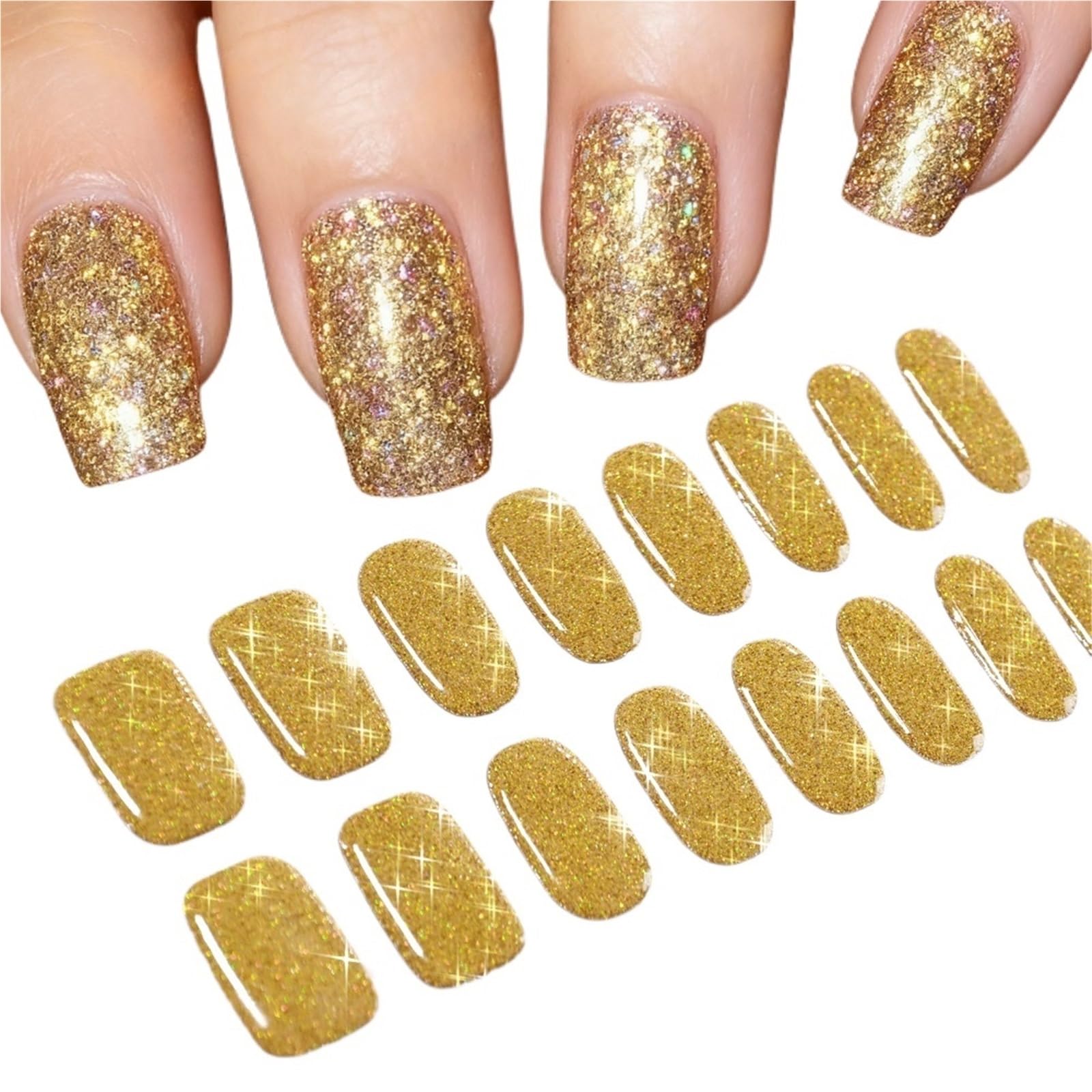 5Pcs Glitter Gold Nail Strips - Semi-Cured Self-Adhesive Full Wraps for Gel Nails with Nail File(Laser Glitter Gold)