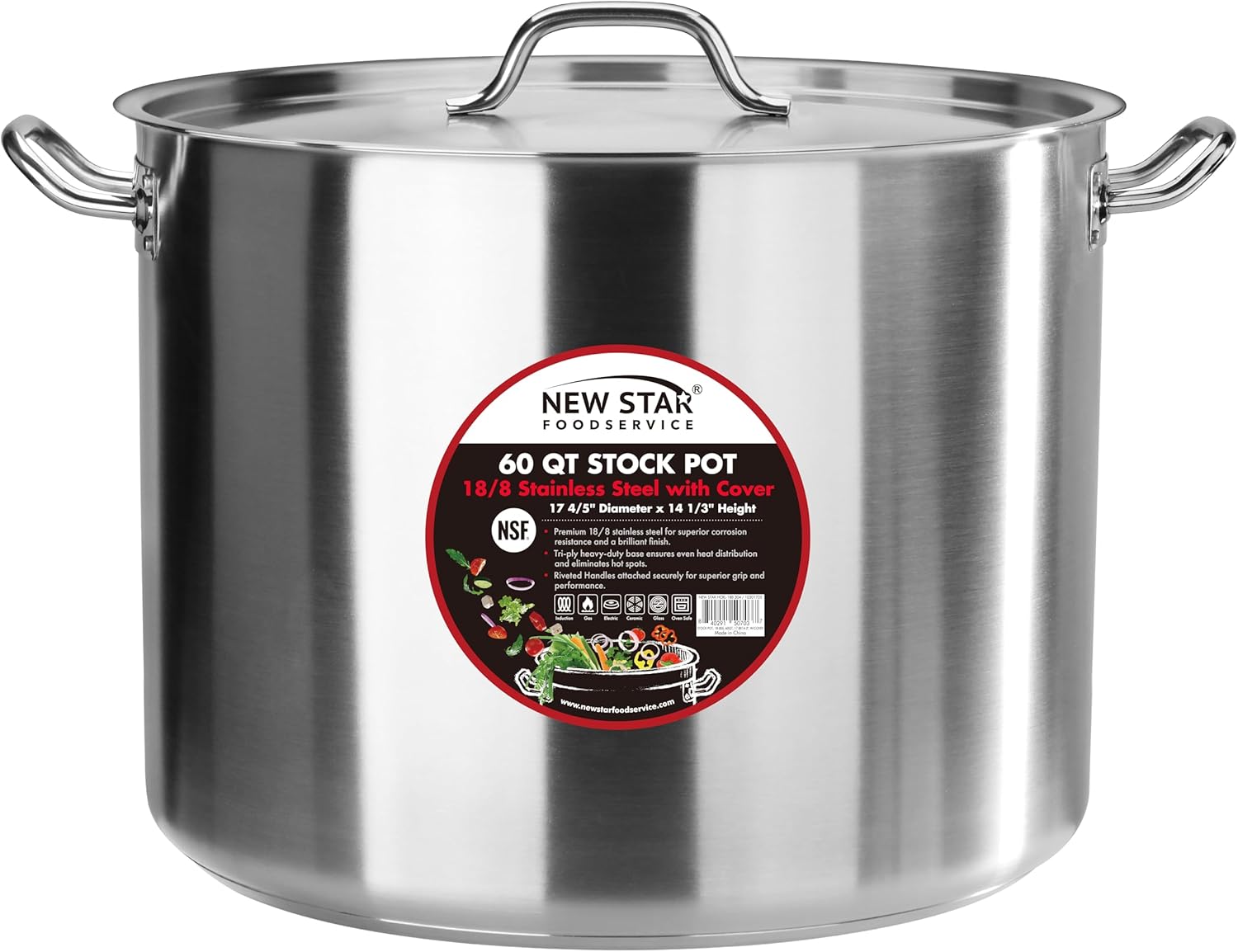 New Star Foodservice 60 Qt Stainless Steel Stock Pot with Cover, 18/8 Stainless Steel