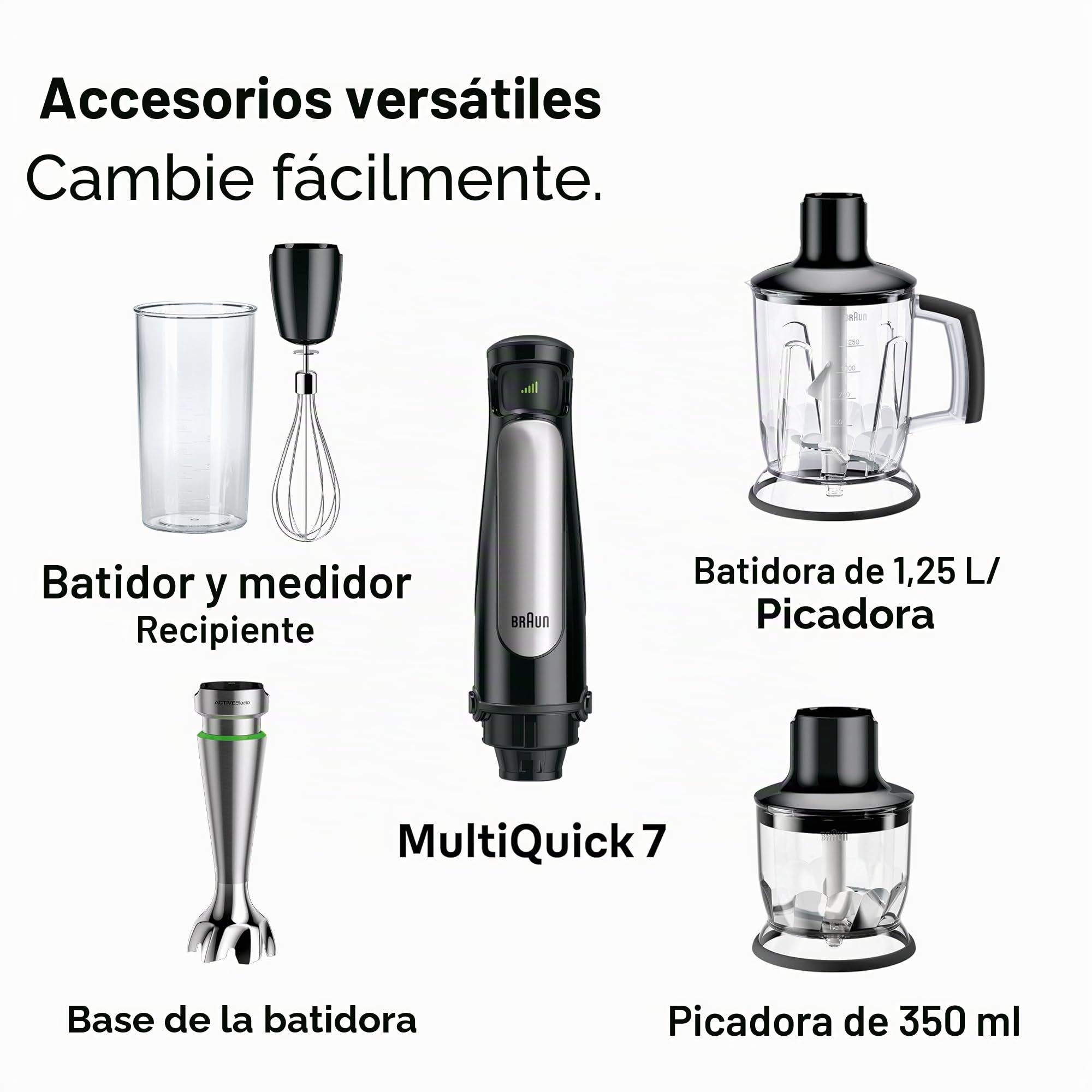 Braun Minipimer 7 - Batidora de Mano con Tecnología SplashControl, Sistema ActiveBlade para Alimentos Duros, Selección de Velocidad, Jarra Batidora 1,25L, Picadora, Vaso 600mL, 1000W, Negro (MQ7045X)