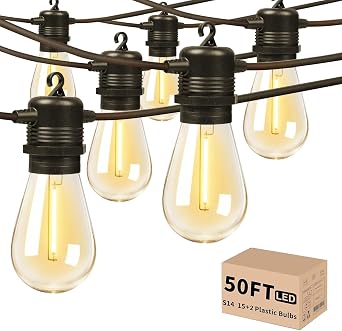 Outdoor String Lights Waterproof, 50ft Patio String Ligths for Outside with 17 2 Spare Replaceable E12 Bulbs Shatterproof, 2700K Warm White Great for Balcony, Gazebo, Yard, Porch