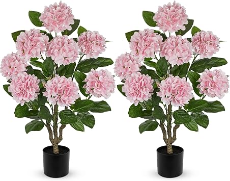 3FT Pink Hydrangea Artificial Flowers Tree 2 Pack Large Real Touch Faux Silk Hydrangea Plants Potted Fake Flower in Black Pot for Home Indoor Outdoor Front Porch Garden Entrance Living Room Decor
