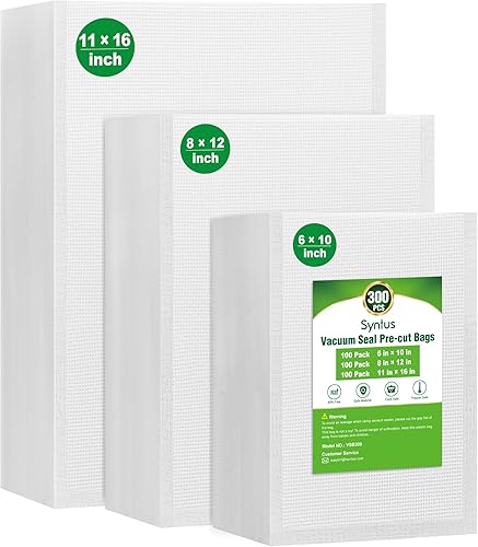Syntus Vacuum Sealer Bags, 300 Gallon 11" x 16" and Quart 8" x 12" and Pint 6" x 10" Commercial Grade PreCut Bag, BPA Free Food Vac Bags for