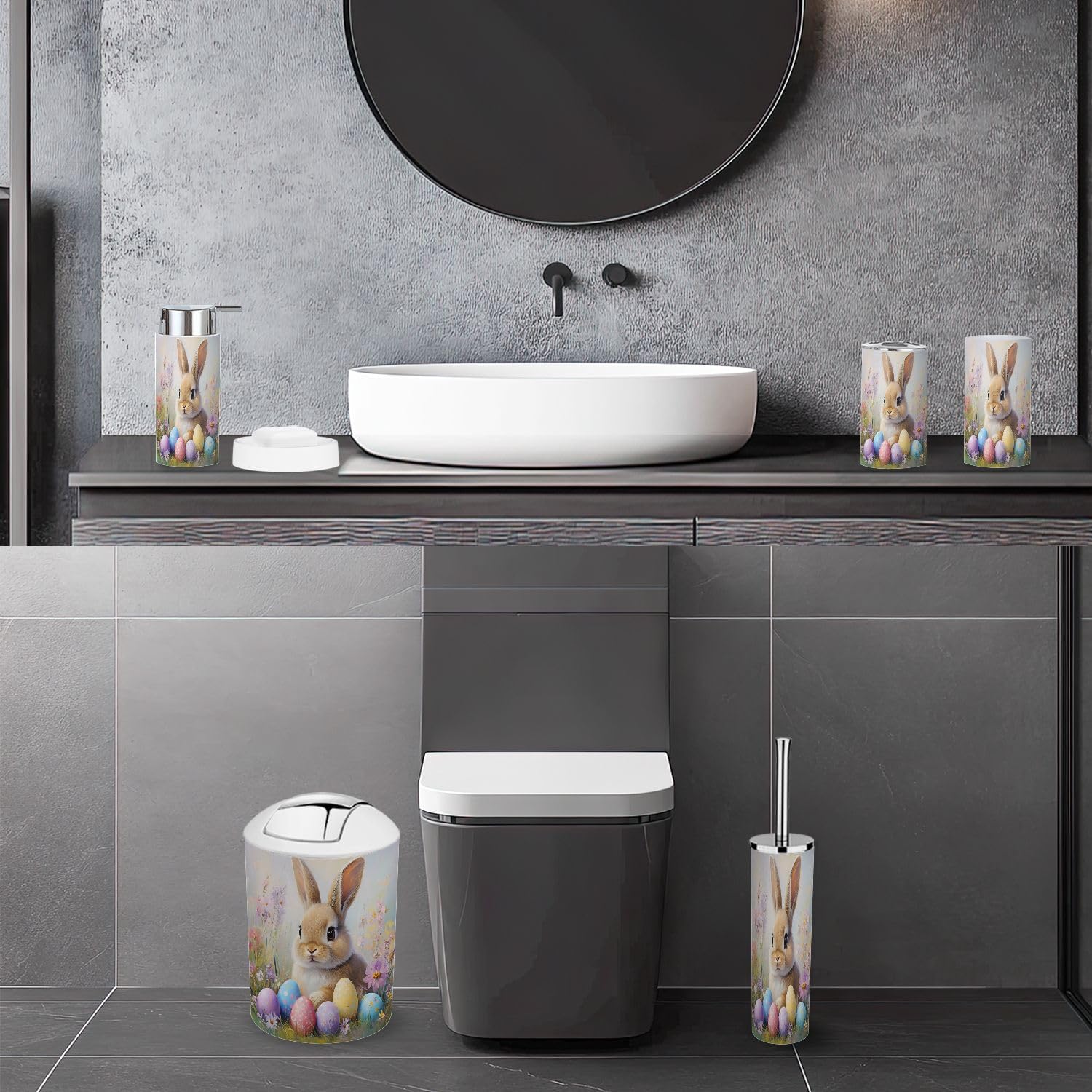 Bathroom Accessory Set 6 Piece Cute Rabbit Easter Egg Spring Home Decoration Rabbit Easter Eggs Trash can, Toothbrush Holder, Soap Dispenser, Soap Dish, Toothbrush Cup, Toilet Brush Holder