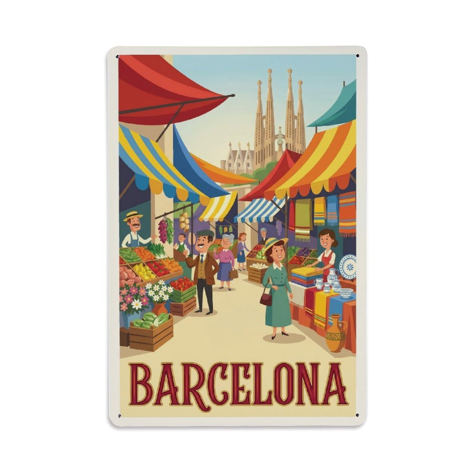 Vintage Travel Market Spain Vibrant Metal Tin Sign Plaque Wall Decor for Cafe, Club Bar, Office, Home Garden Metal Poster 8x12Inch