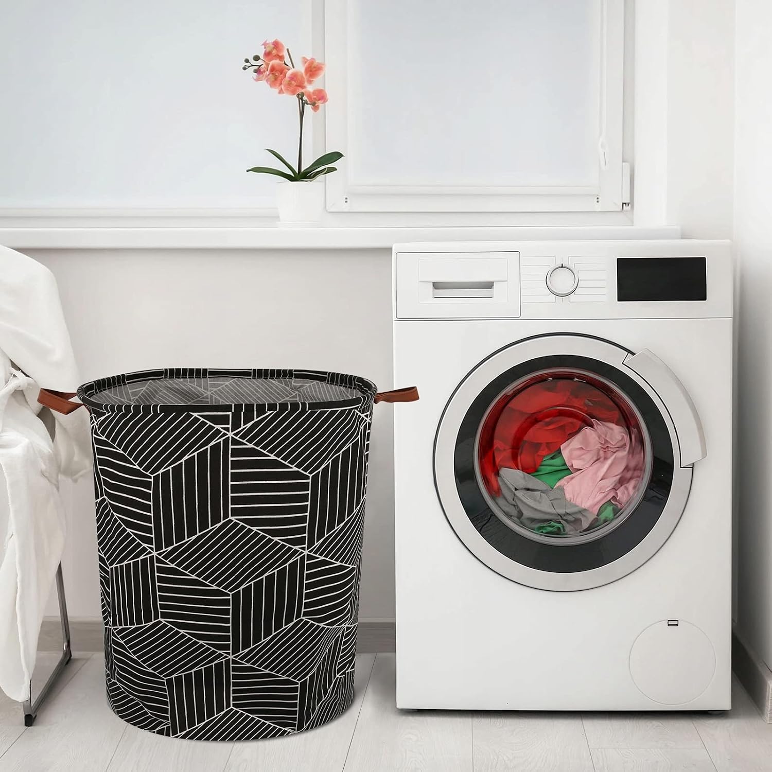 AXUAN 79L Laundry Hamper, Collapsible Laundry Basket Dorm, Baby Laundry Basket, Large Laundry Hamper Waterproof with Leather Handle for Dirty Clothes, Kids Toys, Bedroom, Bathroom(Black Geometry)