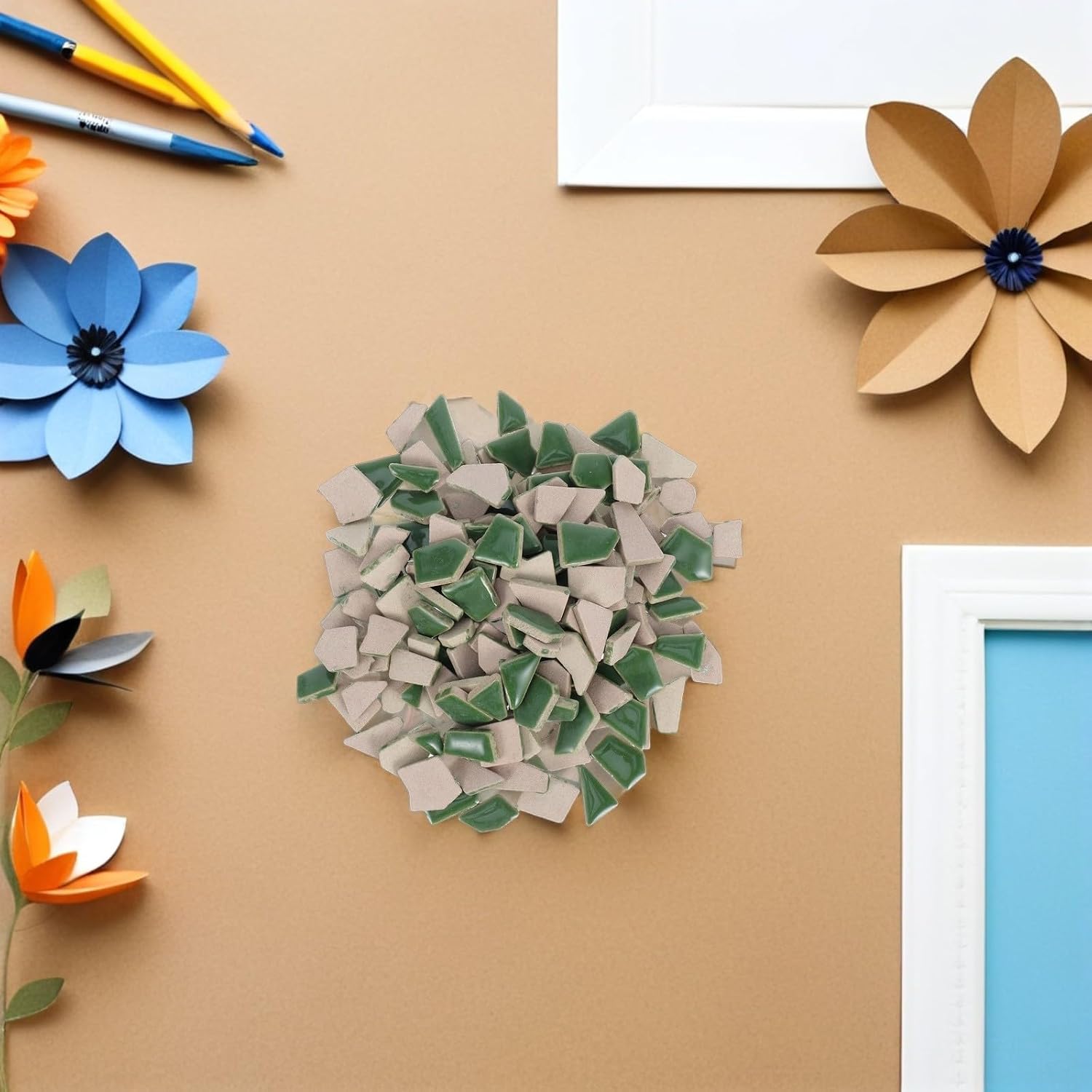 DIY Mosaic Ceramic Pieces Green Irregular Tiles for Craft Projects 400g