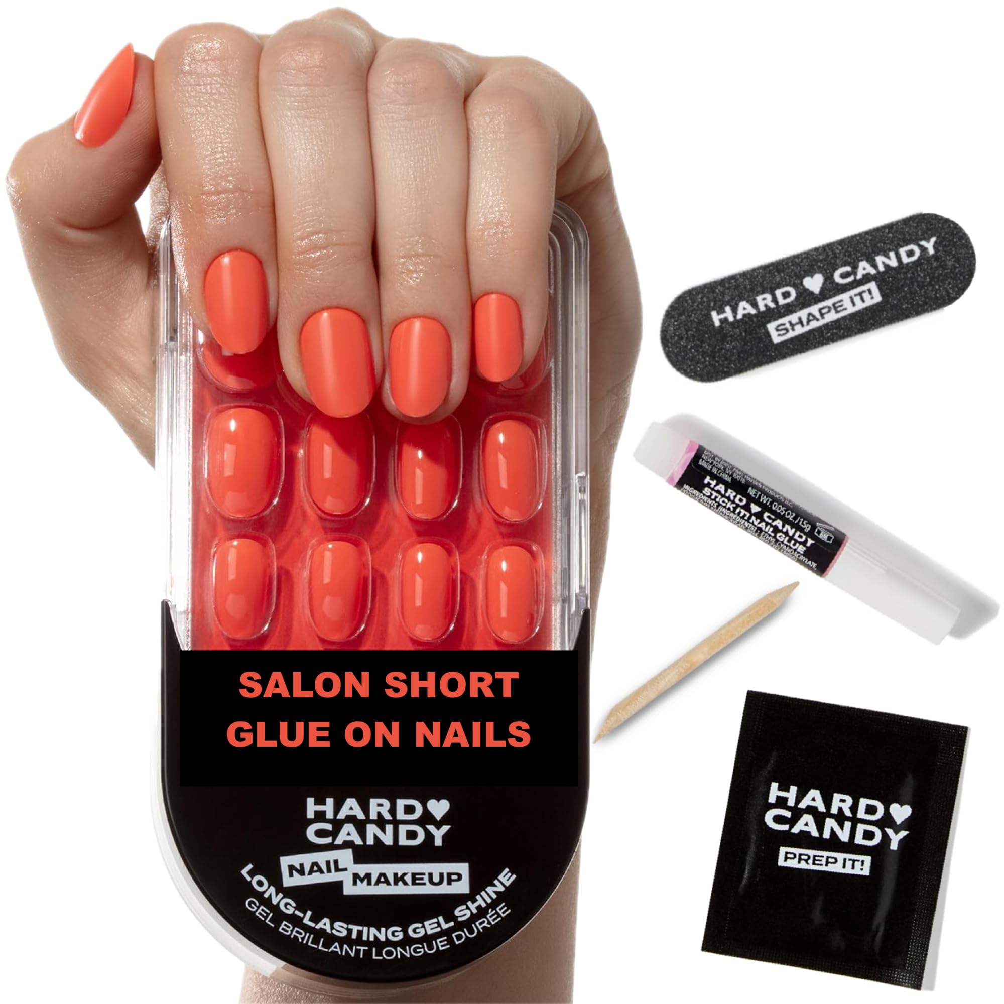 Coral Press On Nails, Short | Hard Candy False Nails with Real Orange Polish | Summer Nail Color | Includes - 24 Reusable Short Round Nails in 12