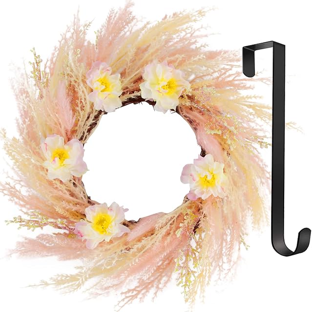18in Artificial Pampas Wreaths for Front Door, Summer and Autumn Door Wreath with 12in Door Hanger, Artificial Plants Wreath Pink Pampas