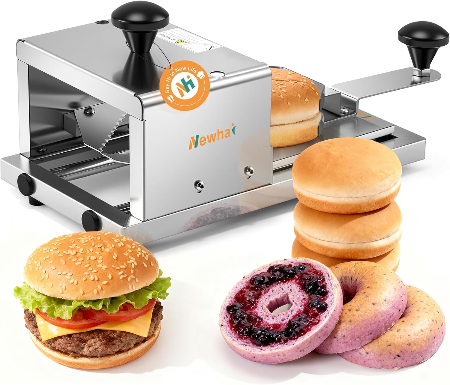 Newhai Commercial Bagel Slicer Manual Hamburger Bun Cutter Bread Guillotine with Stainless Steel Blade for Cutting Even Bagels & Bun Slices