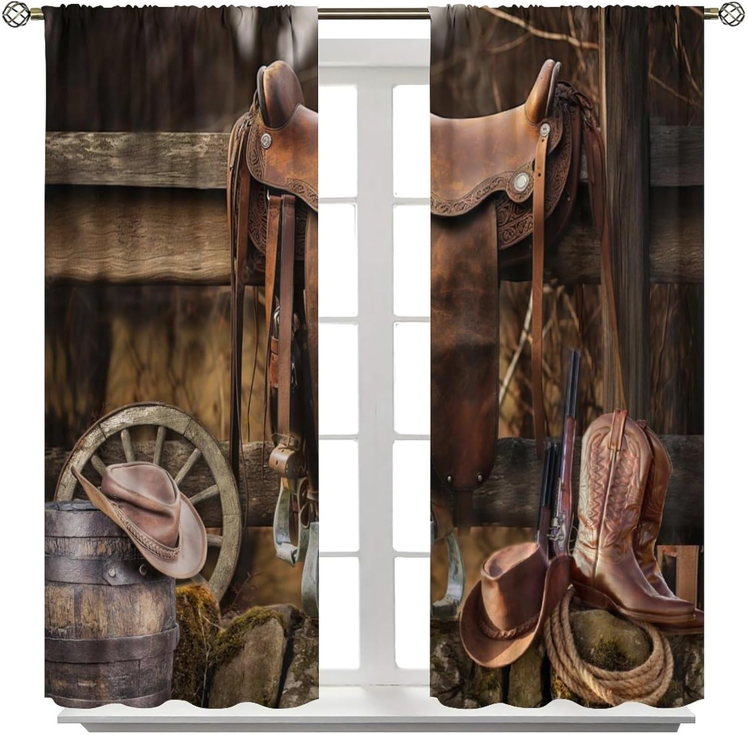 Brebasf Western Cowboy Curtains for Living Room Retro West Traditional Style Barn Door Wooden Board Cowboy Theme Thermal Insulated Rod Pocket Blackout Curtains/Drapes 2 Panels 63" L x 31.5" W