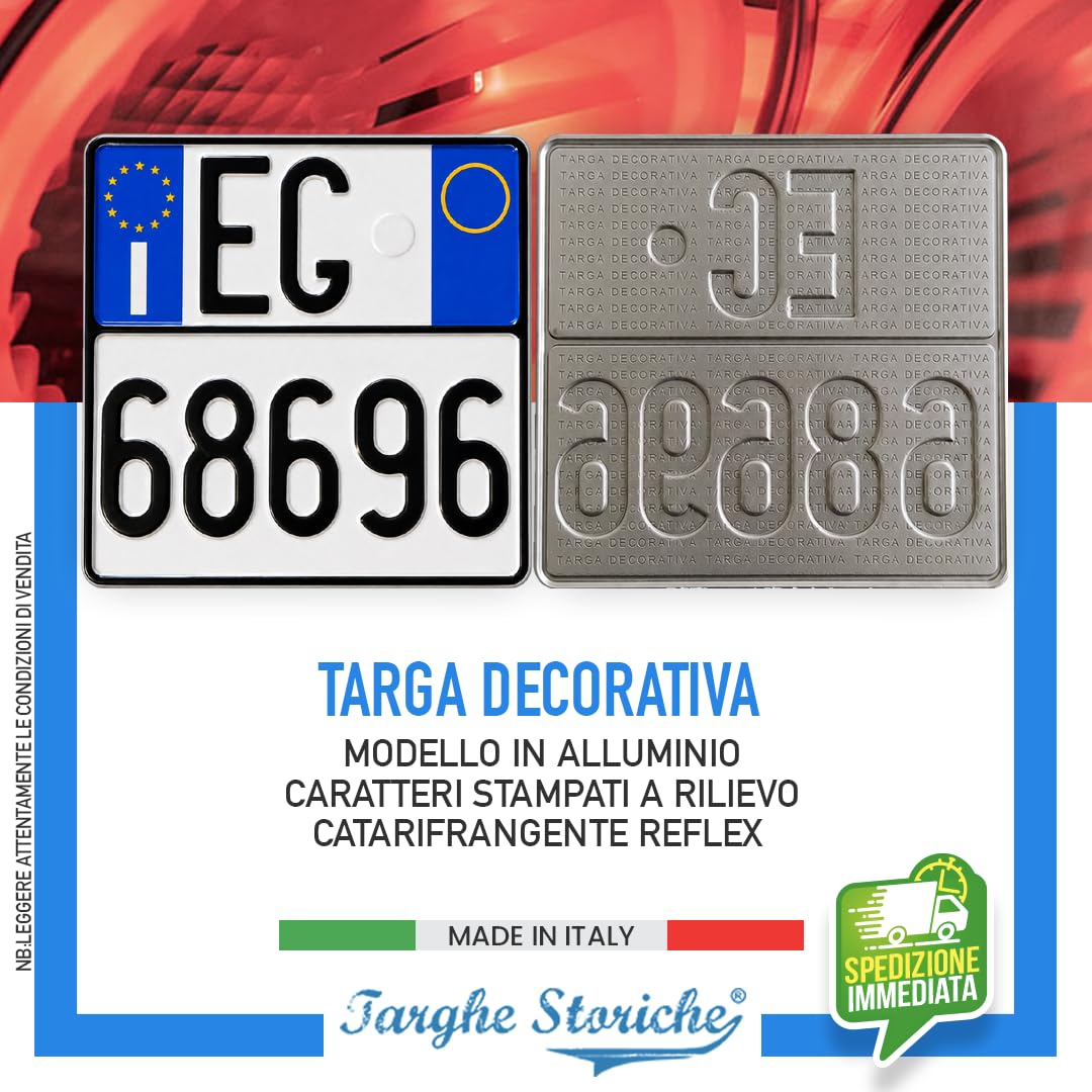 Targa Decorativa - Formato Modello Moto - in Alluminio Catarifrangente con Lettere e Numeri in Rilievo Punzonati, Personalizzabile, Made in Italy