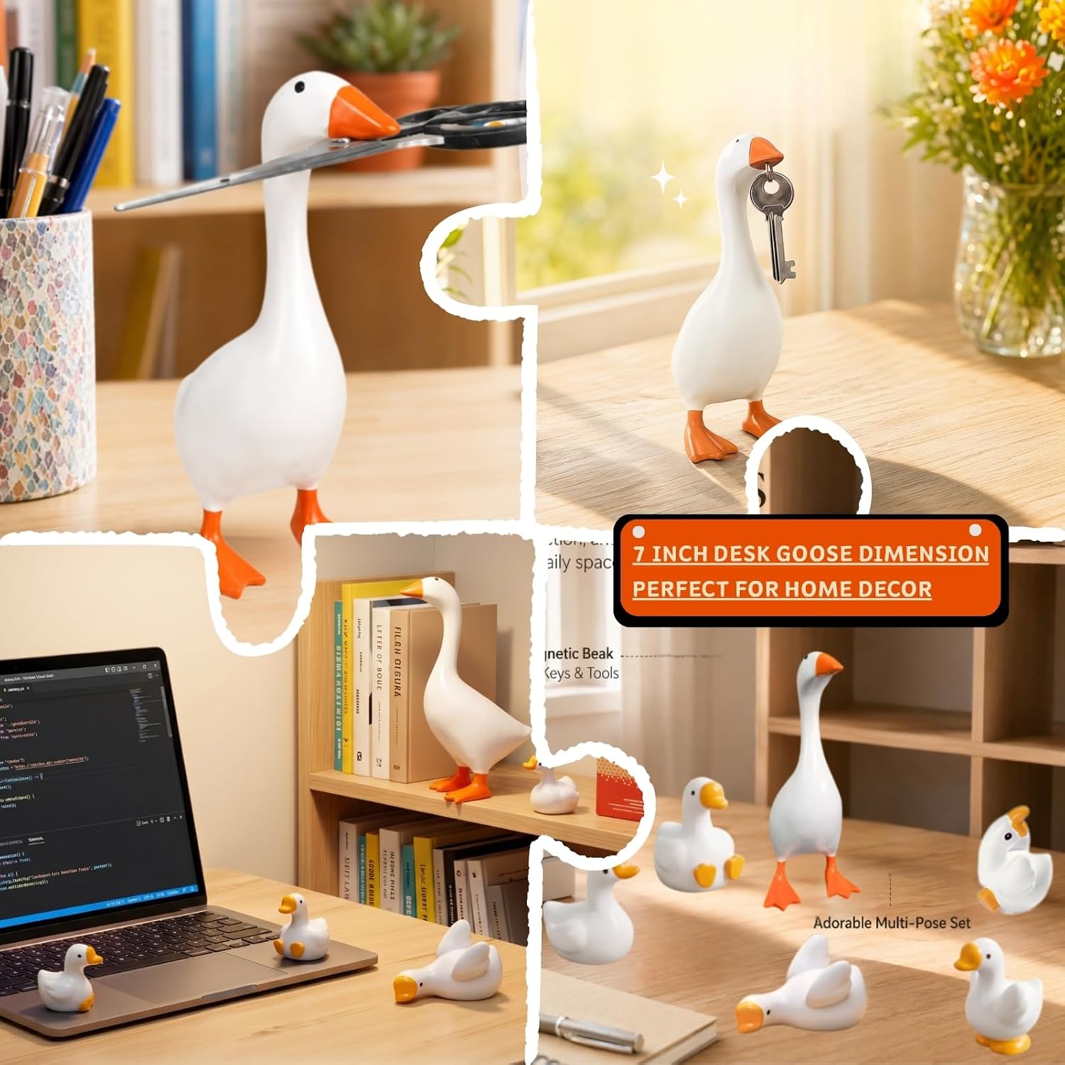 7 inch Desk Goose Key Holder with 5 Mini Baby Goose,6 Packs Cute Desktop Resin Porch Goose Magnetic Statue, Funny Figurines Keychain Hanging, Bedroom Decor for Home Office Table, Housewarming Gifts