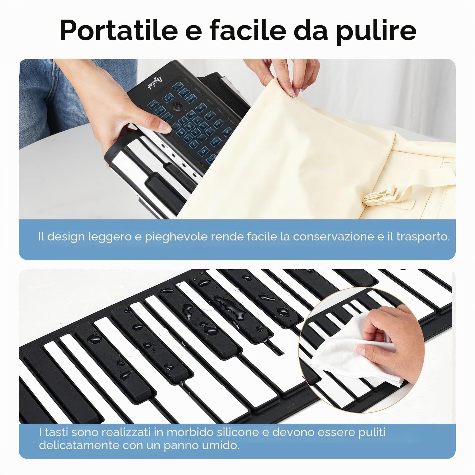 Pianoforte a tastiera arrotolabile POGOLAB a 88 tasti, pianoforte arrotolabile ricaricabile con 20 demo/128 toni/128 ritmi/jack per cuffie/Bluetooth/batteria, pianoforte a mano pieghevole da viaggio