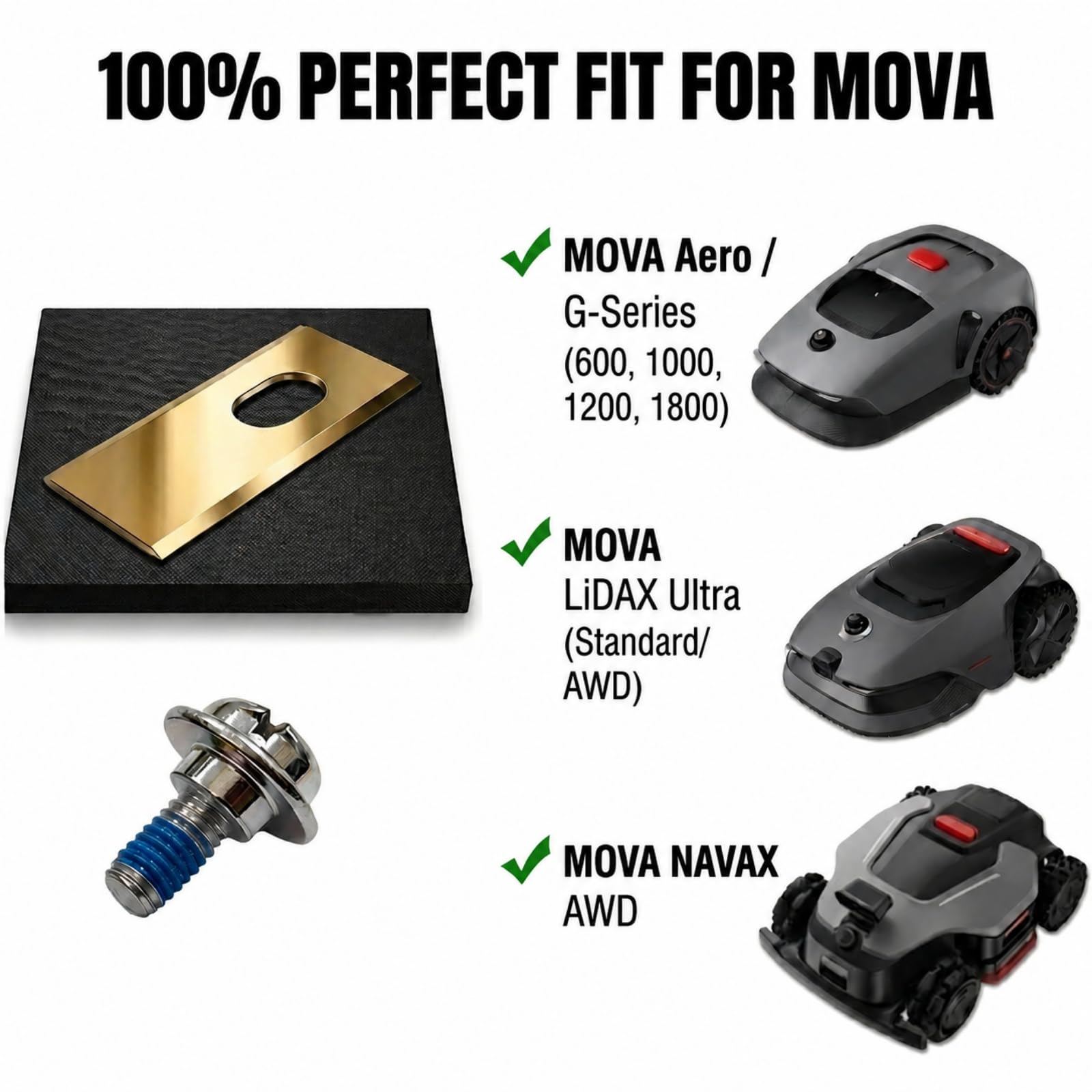 36x Lame di ricambio per robot tagliaerba Mova (600, 1000, LiDAX Ultra, NAVAX AWD) – Lame in acciaio inox rivestite in titanio da 0,9 mm con viti – Scatola di conservazione