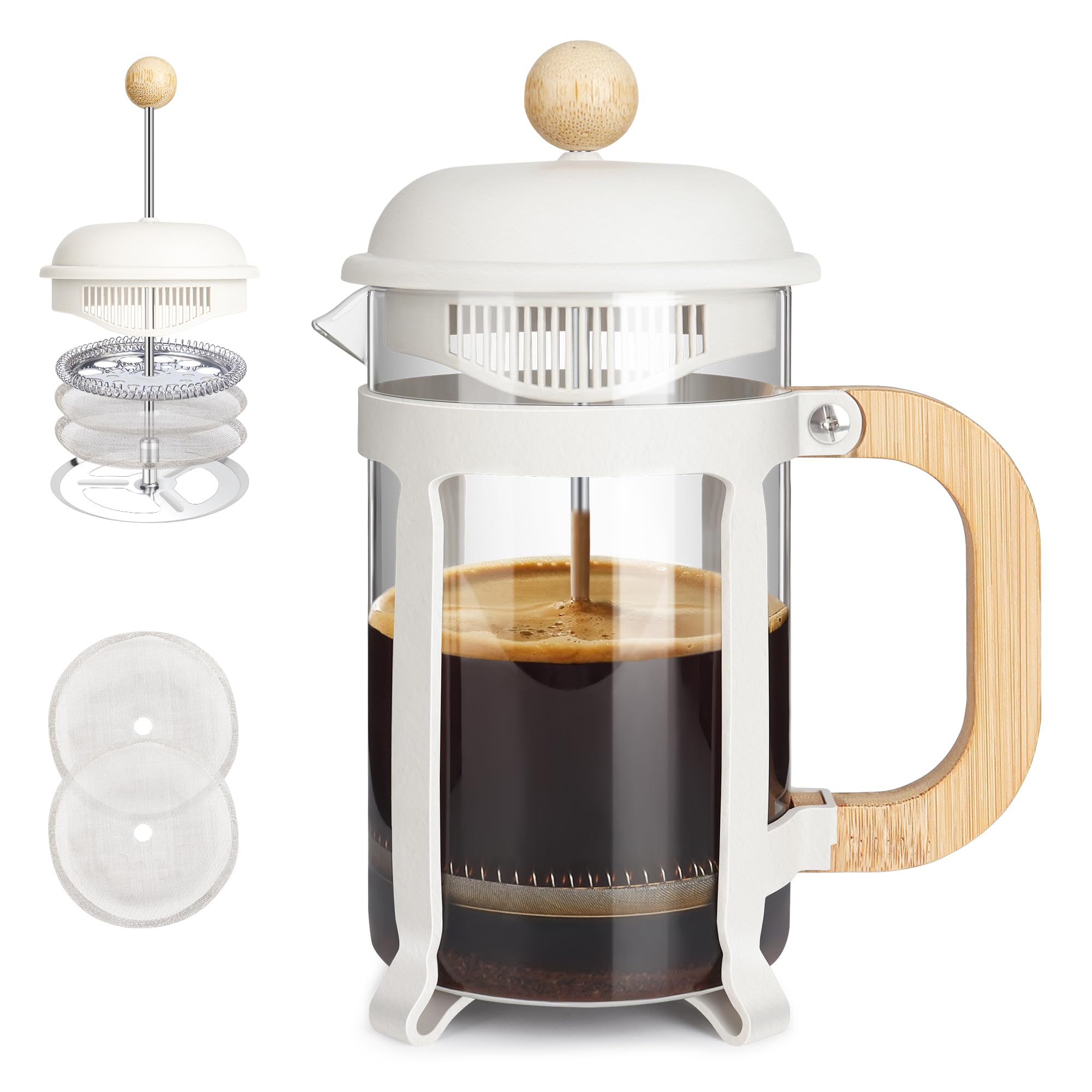 French Press Coffee Maker Tea Maker (28 oz) 304 Stainless-Steel Glass Coffee Press (White)