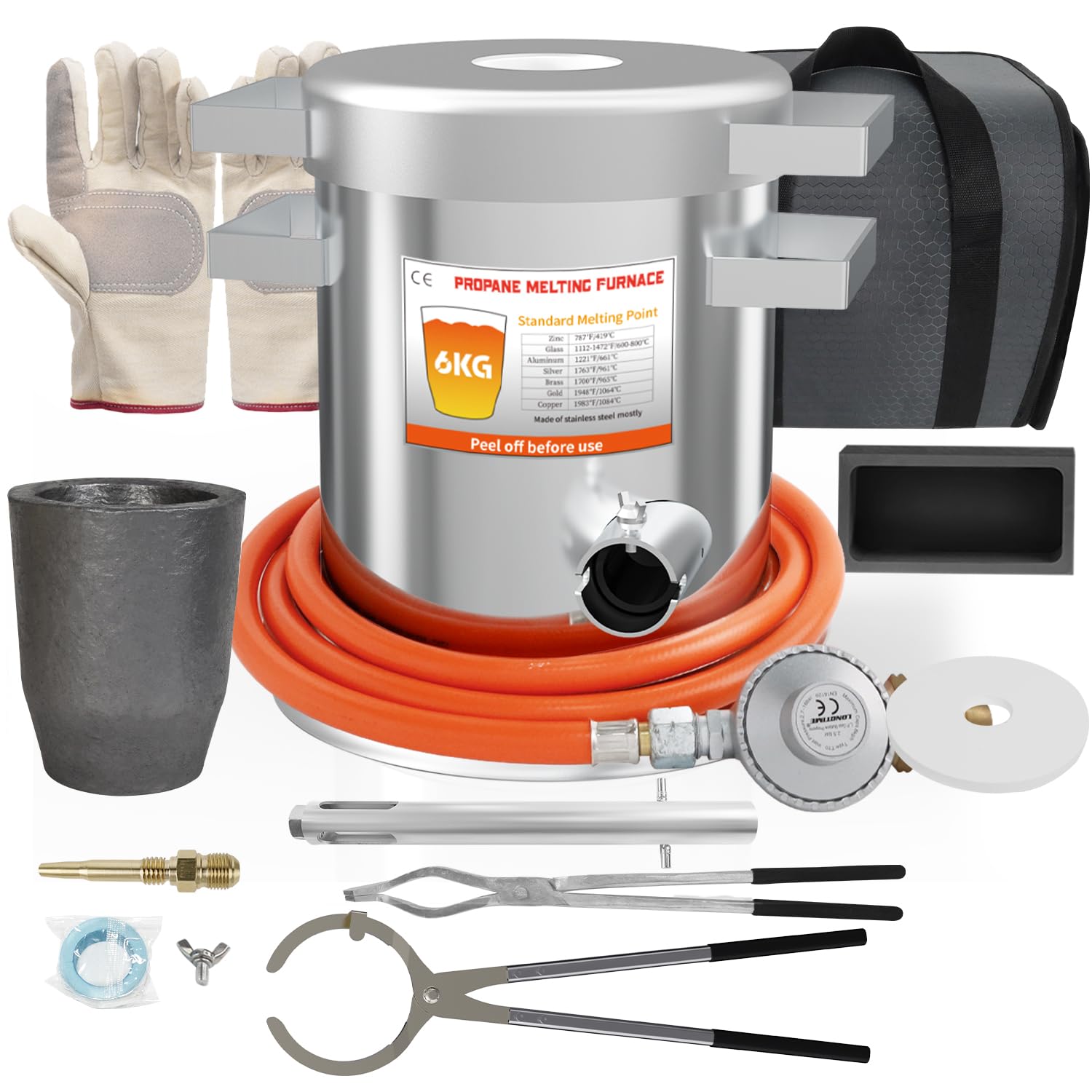 6 kg Propangas-Schmelzofen-Set, bis zu 1400 °C, aus Edelstahl-Fass, schmelzendes Metall, mit Graphit-Tiegel, Barrenform und Hochtemperatur-Handschuhen