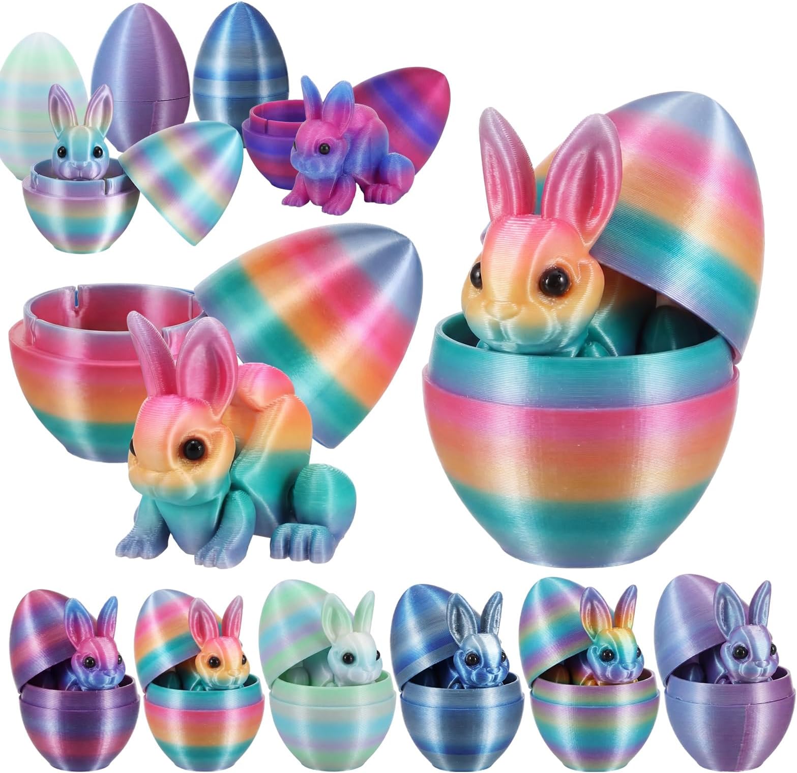 6 Pcs Easter 3D Printed Bunny Eggs Set with Mini Cute Bunny Inside Surprise Egg 3D Printed Animals Colorful Rabbit Basket Stuffers for Easter Spring Party Favors Holiday Decor Gifts