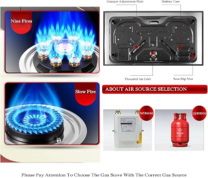 Gas Stove With 2 Burners, Tempered Glass Panel, 5.0kW/5.2kW 9-cavity Timed High Flame - Suitable For Natural Gas/LPG - Indoor Kitchen Cooktop