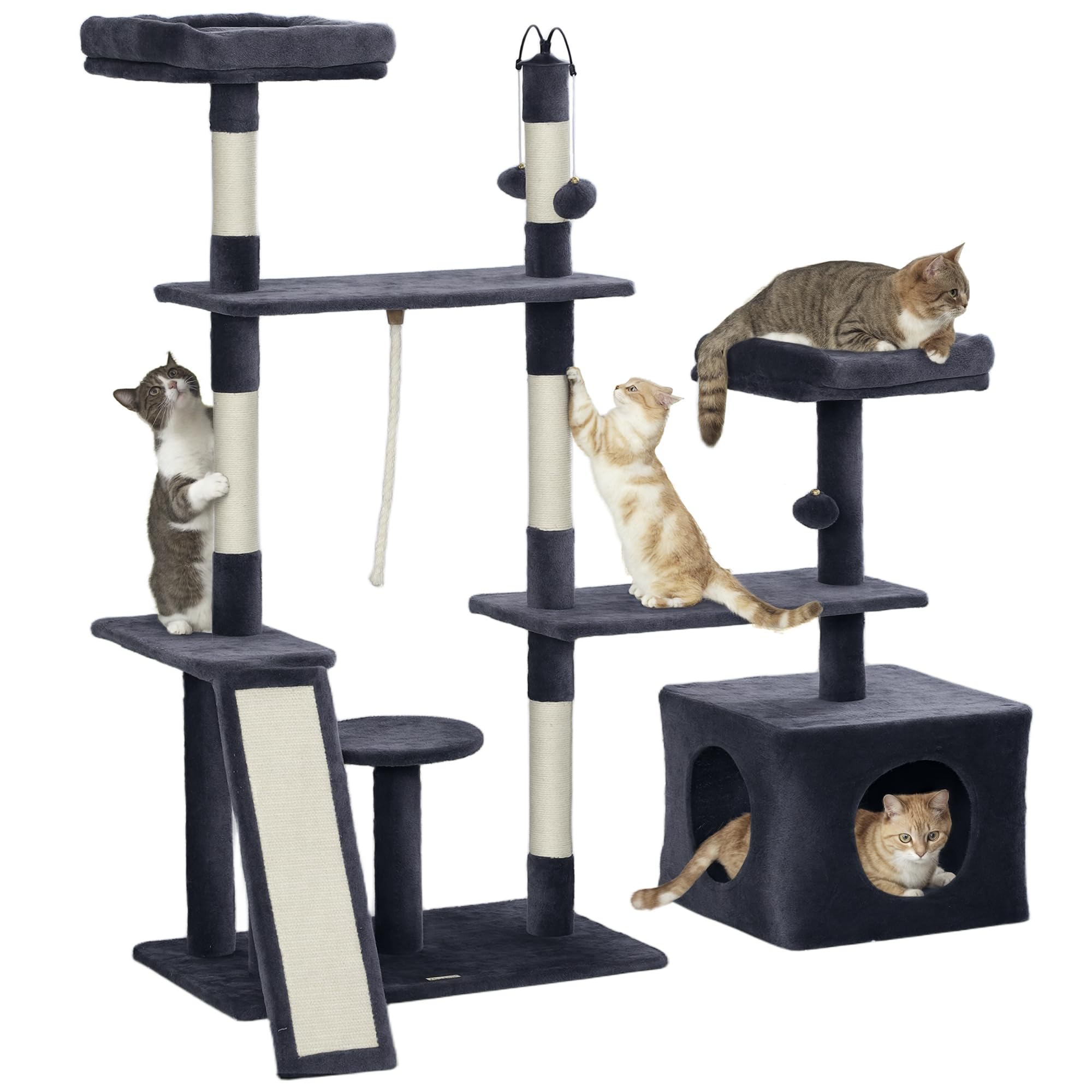 PawHut Árbol Rascador para Gatos 134 cm, Torre para Gatos Gris Oscuro | Rascador con Nidos Cueva, Plataformas, Bolas de Juguete, Postes de Sisal