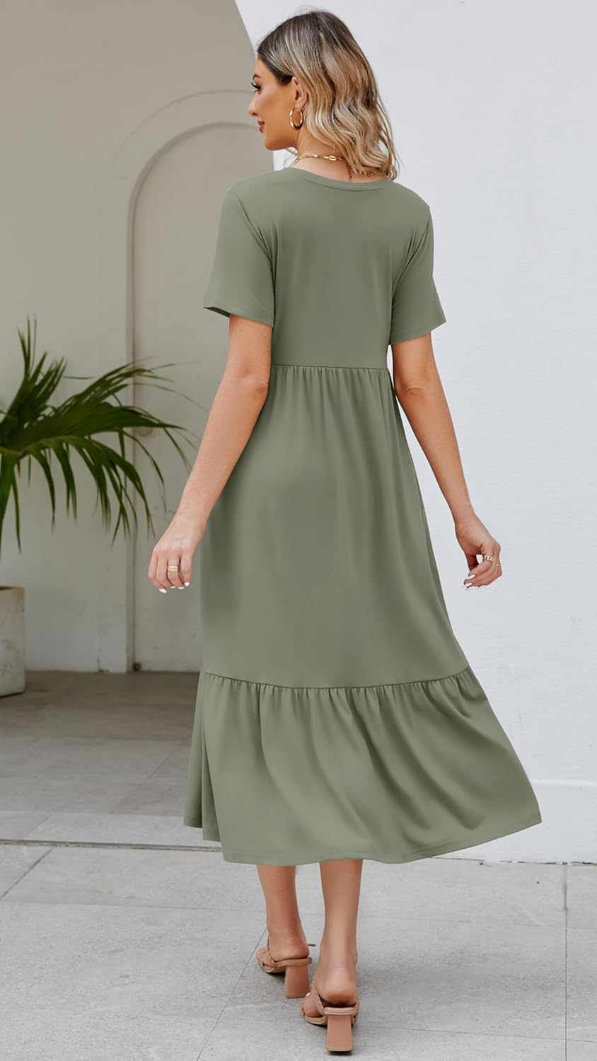 Summer Dresses for Women Flowy Maxi Sundress Short Sleeve Tiered Beach Dress with Pockets 2026 Vacation Travel - Image 4