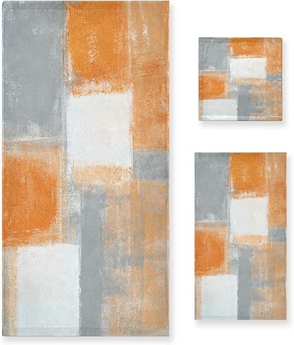 Juego de 3 toallas de baño color naranja y gris, diseño abstracto y moderno, diseño de graffiti blanco y gris, 1 toalla de baño, 1 toalla de mano, 1