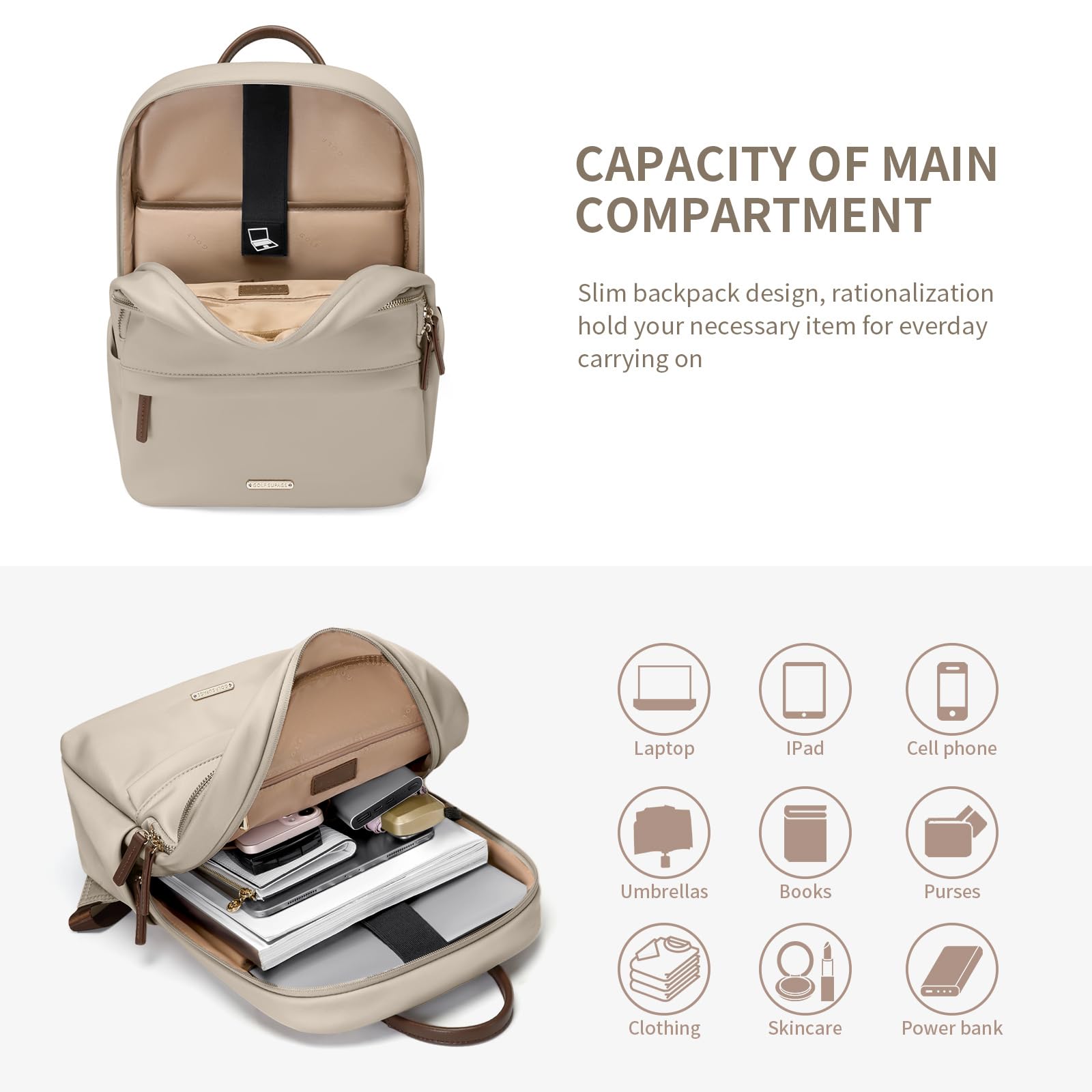 GOLF SUPAGS Sac à Dos pour Ordinateur Portable pour Femmes Sac D'ordinateur Mince Travail Voyage Collège Loisirs Sac à Dos pour Ordinateur Portable Sac à Main
