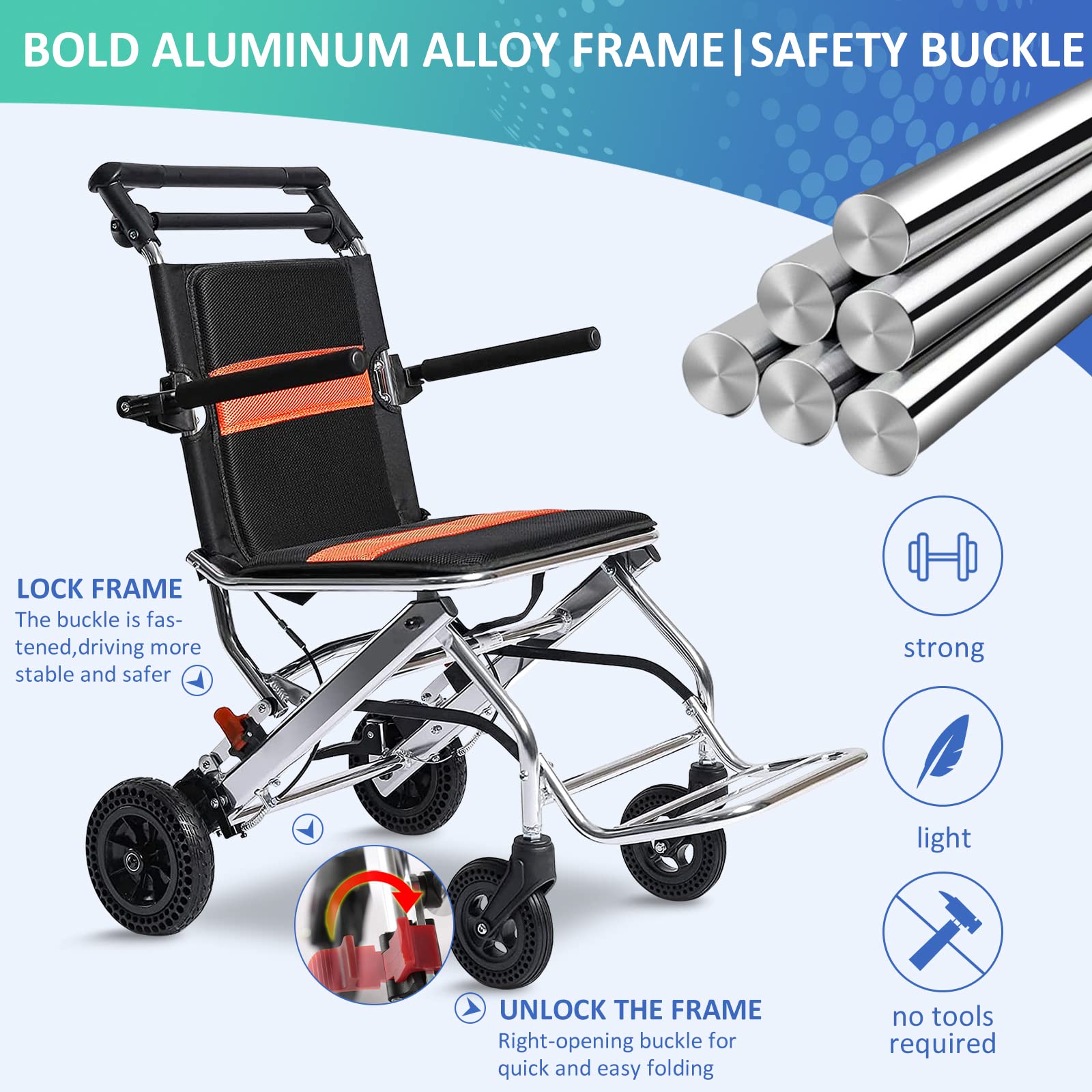 Silla de ruedas, silla de ruedas plegable ligera, sillas de ruedas de viaje portátiles, con marco plegable, freno de mano, silla de ruedas de aluminio para adultos y personas mayores, soporta 220