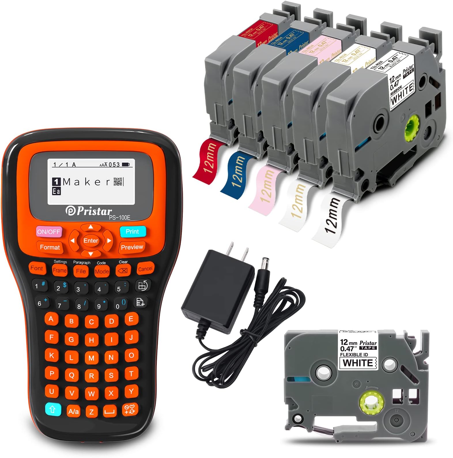 Pristar PS100E Label Maker with 5-Pack Replacement for Brother TZe-R231 TZe-R234 TZe-RE34 TZe-RN34 TZe-RW34 TZe Satin Ribbon Tapes 12mm x 4m, Multiple Line Labeling, Home Office Industrial Label Machi